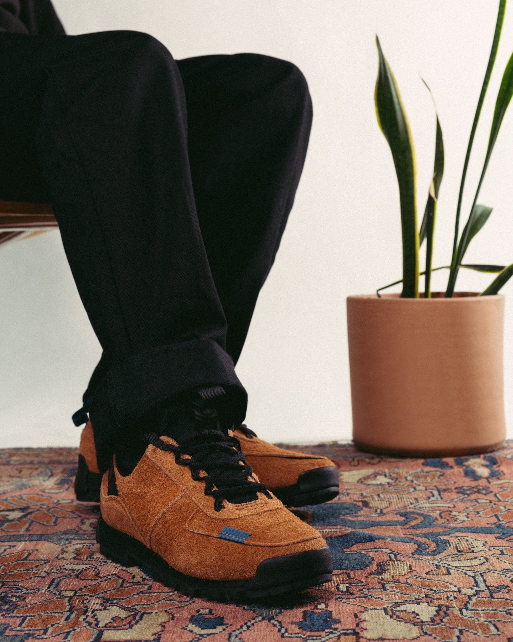 on foot / Approach / Auburn color features tabaco colored hairy suede upper, gross grain webbing for laces. helastic heel detail, stretch mesh internal bootie, vintrage vibram hiking outsole and eva midsole.