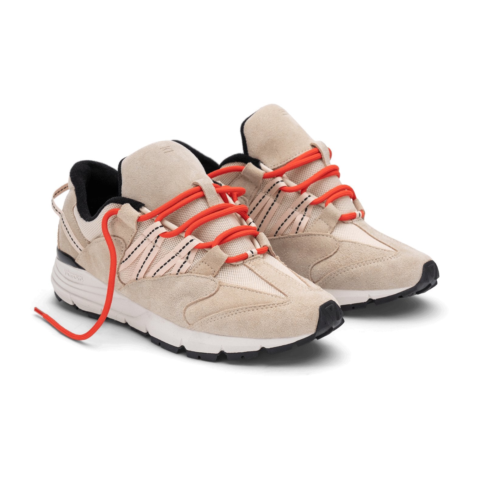Altiutude / Safari front 3/4 view khaki suede / air mesh / webbing lace holder with orange lace on a vibram sole