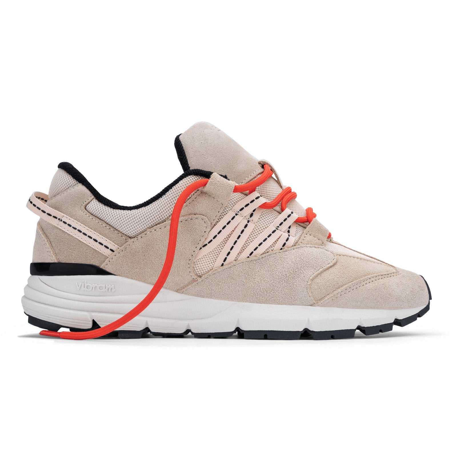 Altiutude / Safari side view khaki suede / air mesh / webbing lace holder with orange lace on a vibram sole
