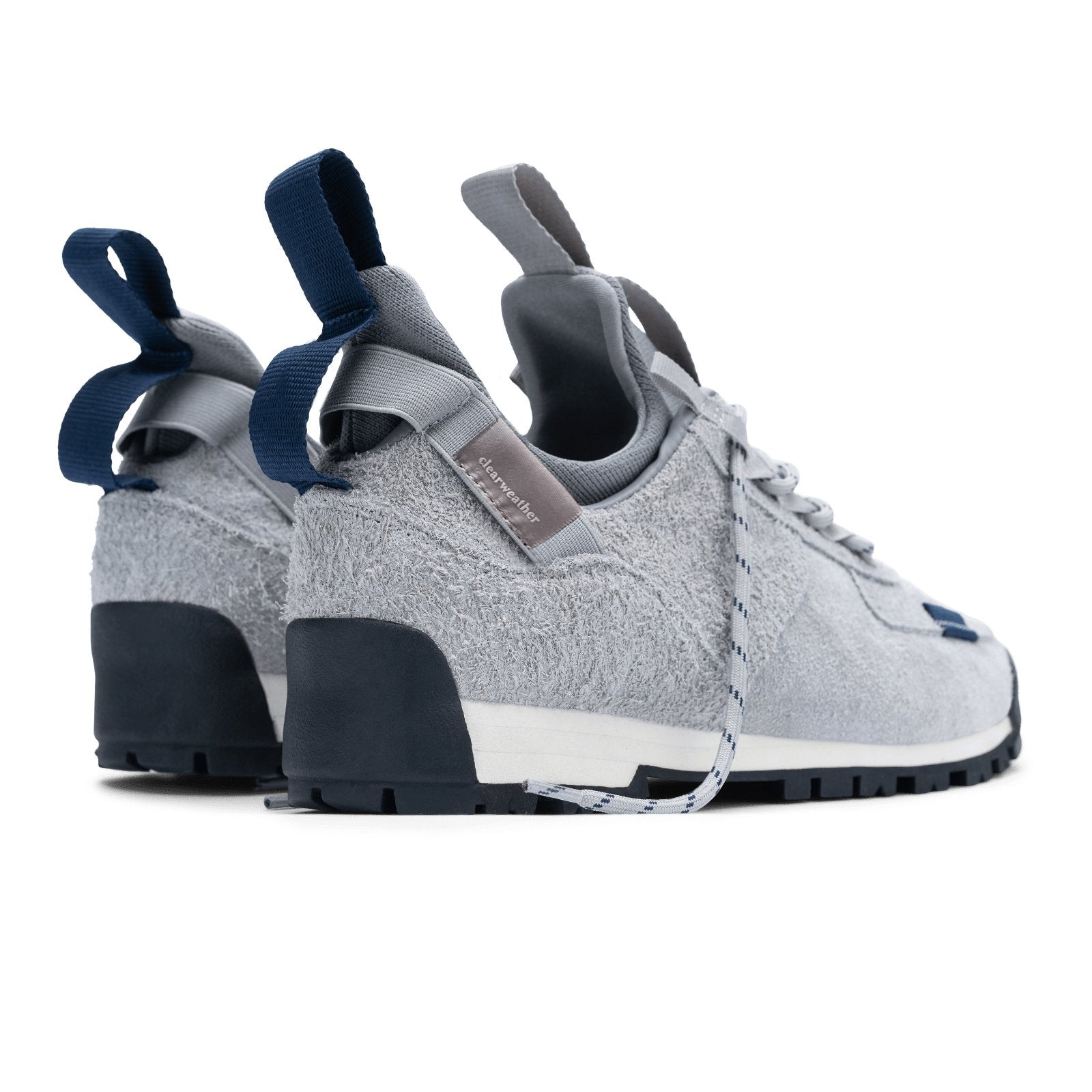 back 3/4 view / Approach / Lunar color features Light Grey colored hairy suede upper, gross grain webbing for laces. helastic heel detail, stretch mesh internal bootie, vintrage vibram hiking outsole and eva midsole.