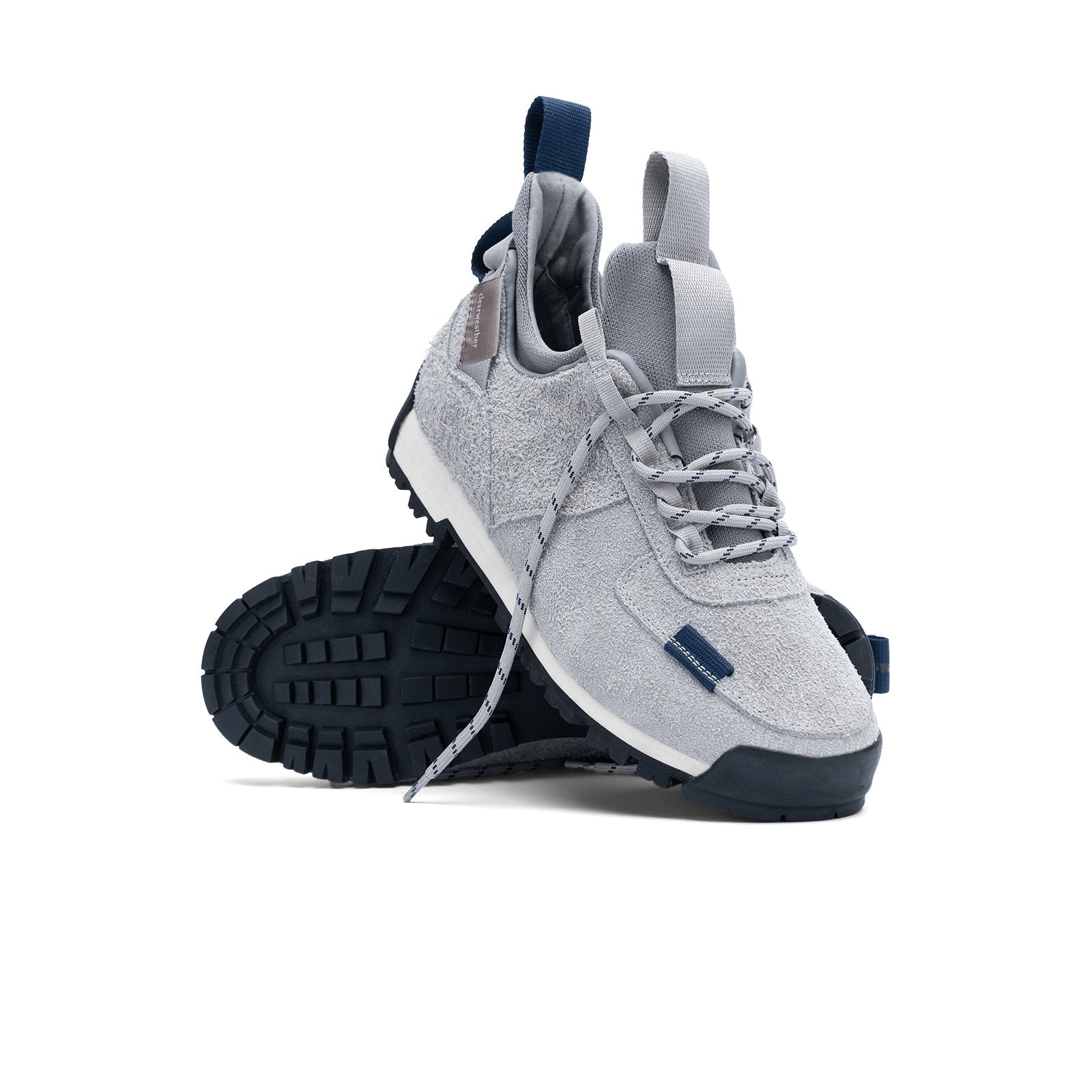 stylized view / Approach / Lunar color features Light Grey colored hairy suede upper, gross grain webbing for laces. helastic heel detail, stretch mesh internal bootie, vintrage vibram hiking outsole and eva midsole.