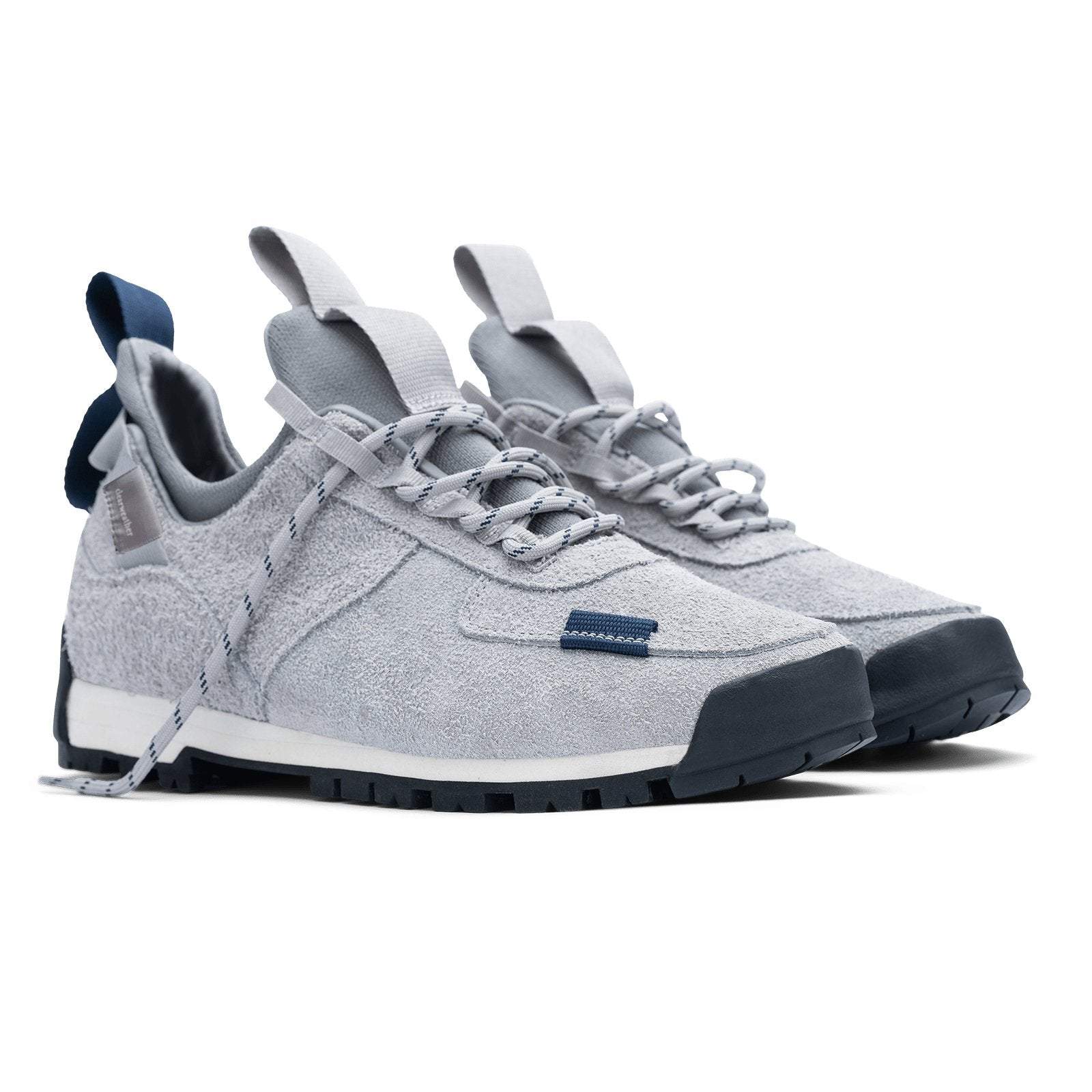 3/4 view / Approach / Lunar color features Light Grey colored hairy suede upper, gross grain webbing for laces. helastic heel detail, stretch mesh internal bootie, vintrage vibram hiking outsole and eva midsole.