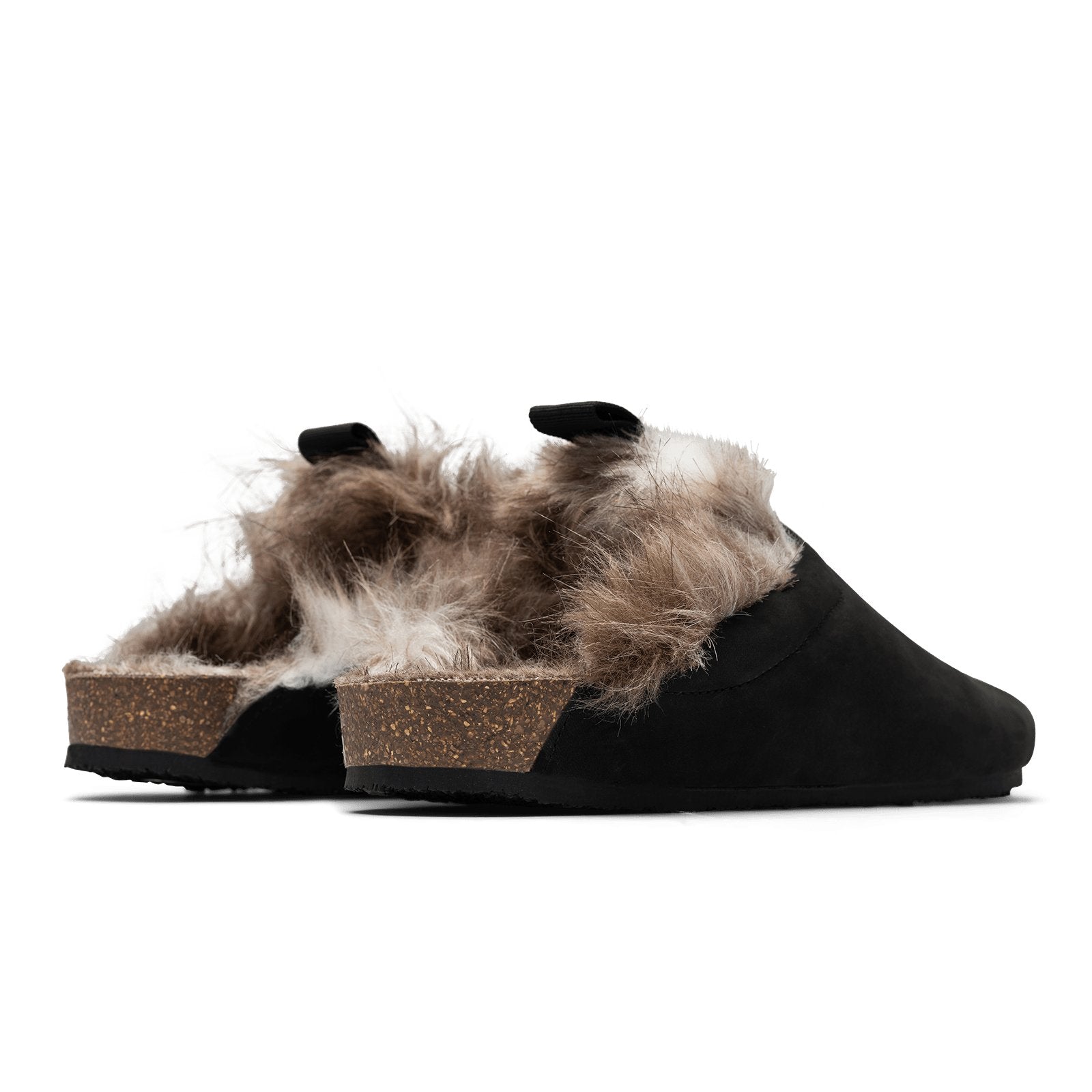 back 3/4 viewBantha Artic Tunder is a Mule with faux fur lining. - Black smooth nubuck cork midsole and vibram sheet rubber bottom.