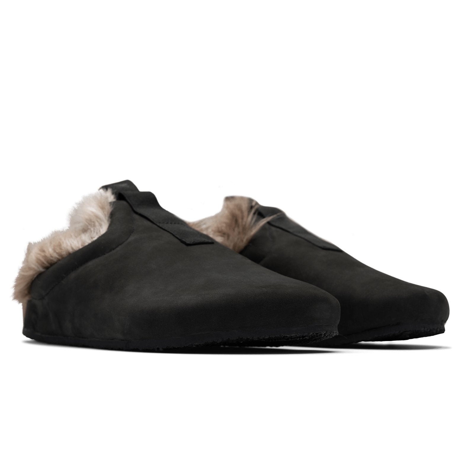3/4 front view Bantha Artic Tunder is a Mule with faux fur lining. - Black smooth nubuck cork midsole and vibram sheet rubber bottom.