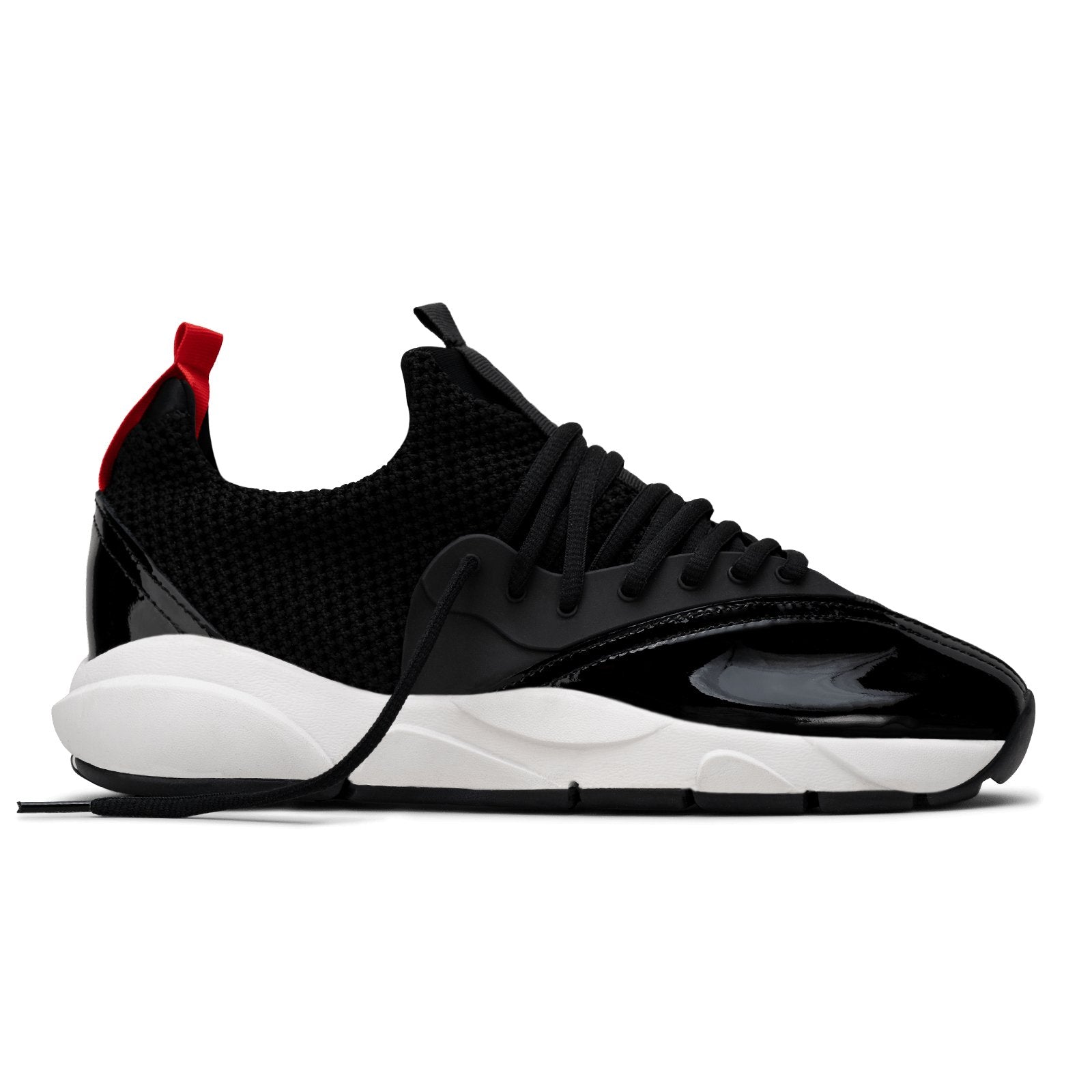 Profile view, Cloudstryk Advantage is a runner with Black patent leather overlays zoom mesh underlays, red heel pull molded lace holder, white eva midsol and a translucent black rubber outsole.