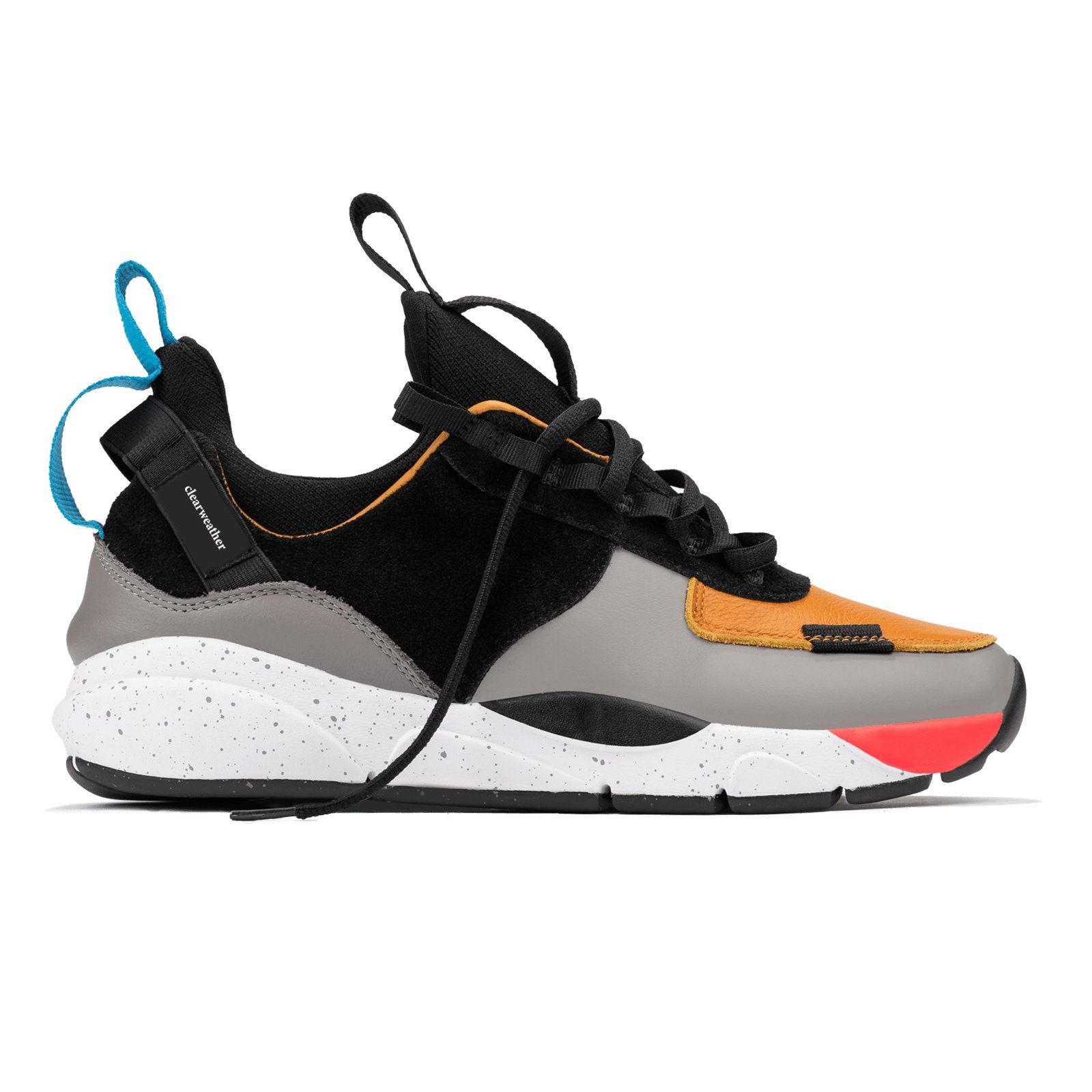 Profile shot, The Contera Kalahari is a Runner with grey leather black suede and tabaco orange leather, Blue webbing heel pull, Black webbin tongue pull, Black webbing lace system, painted eva midsole ande black rubber outsole.