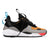 Profile shot, The Contera Kalahari is a Runner with grey leather black suede and tabaco orange leather, Blue webbing heel pull, Black webbin tongue pull, Black webbing lace system, painted eva midsole ande black rubber outsole.