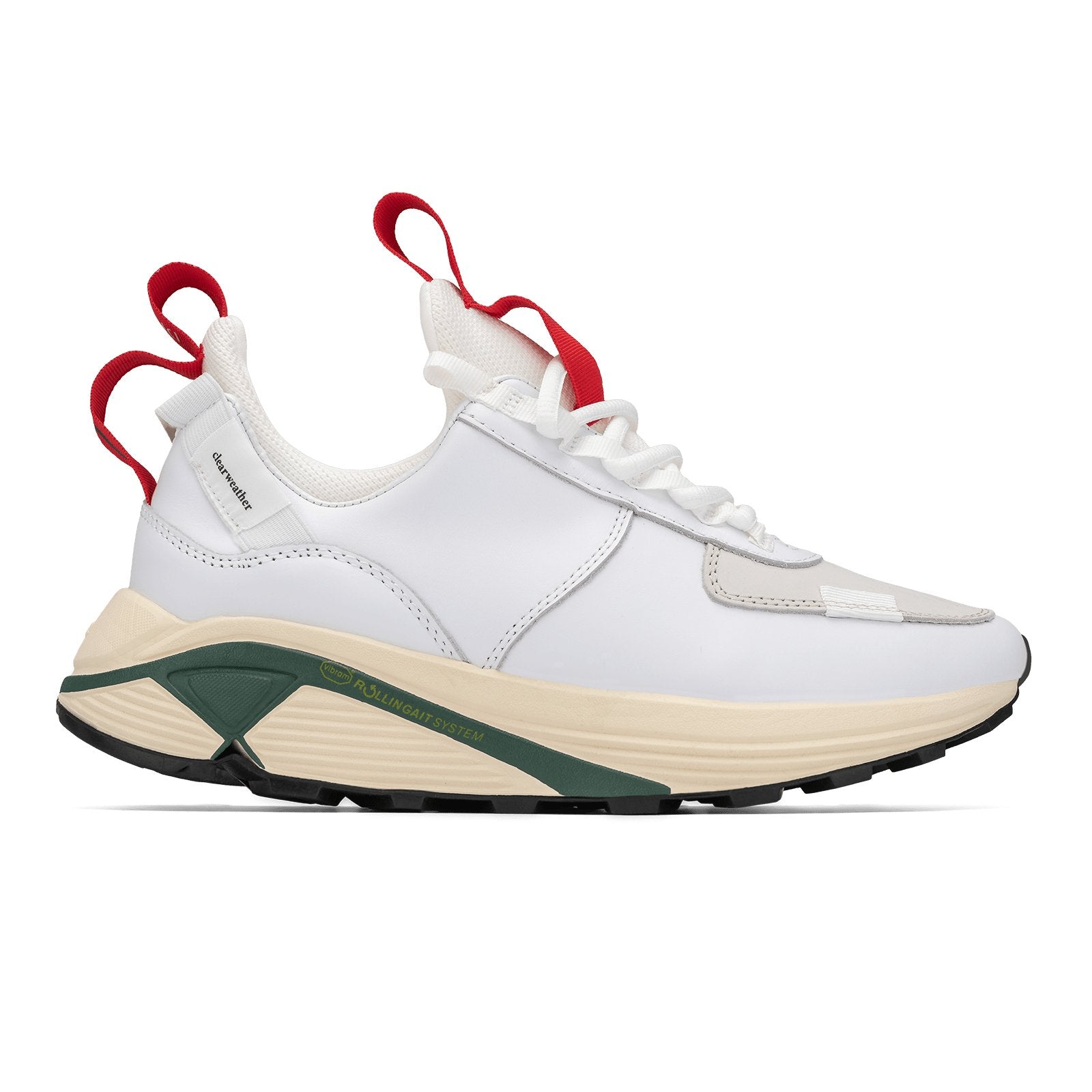 Side profile view, Contera Cloud Forest is a runner with White fullgrain and Nubuck leather overlays White stretch mesh underlays, Red webbing heel and tongue pull, webbing lace system gream and green Virbam midsole and black vibram rubber outsole.
