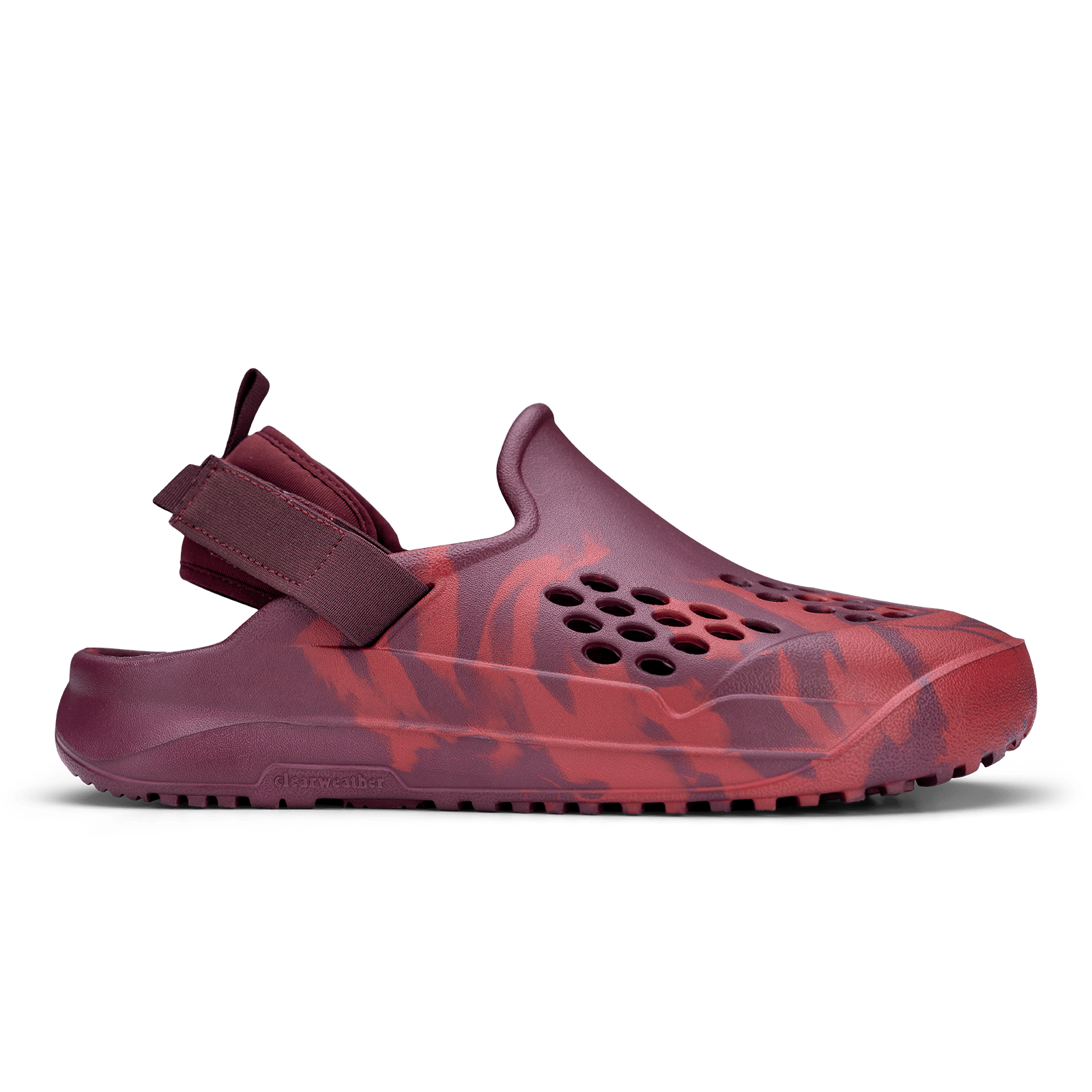 The Clearweather Switchback Red and purple sandal with a strap on a transparent background