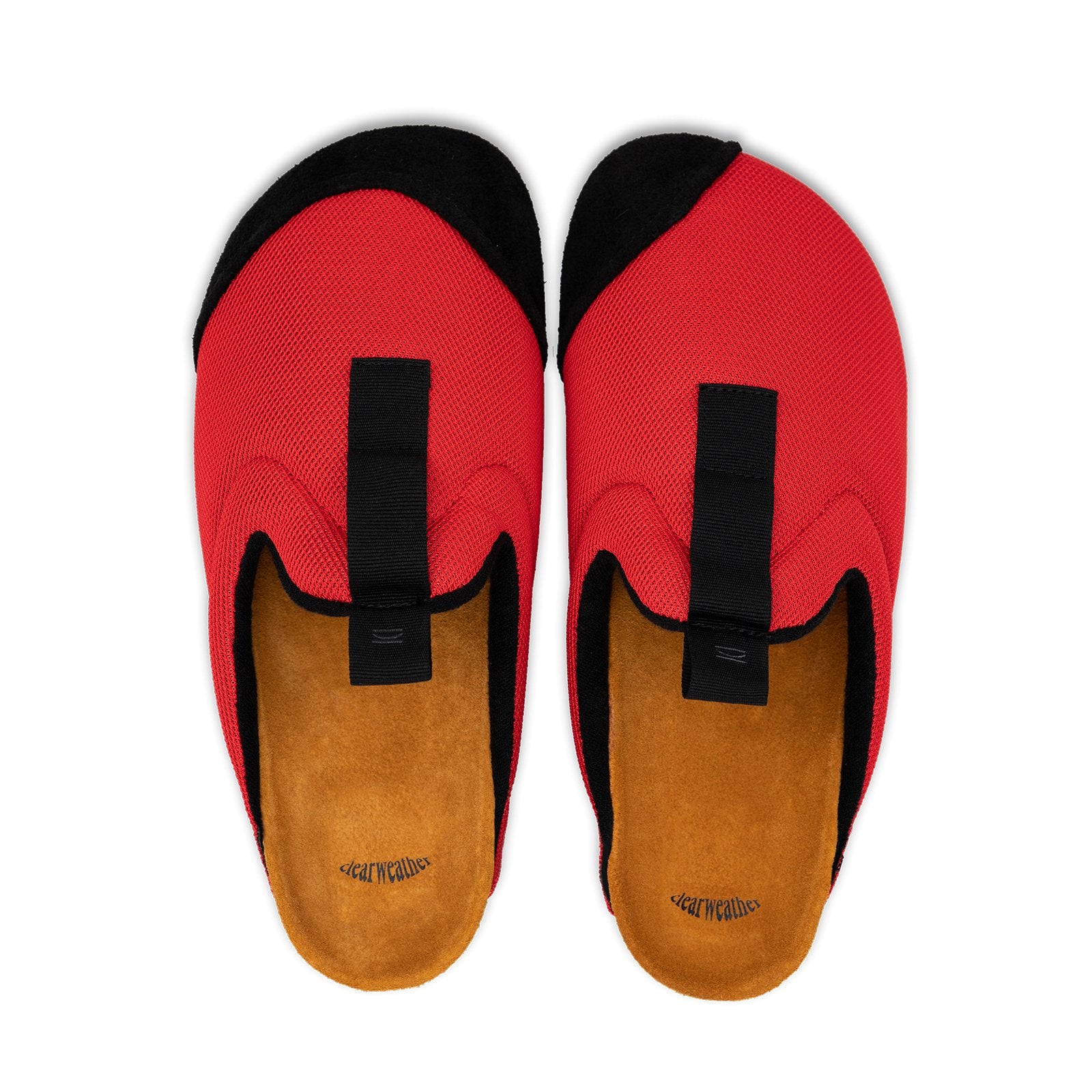 top view antha 2.0 Red is a Mule made of red mesh with a Black hairy suede to overlay, cork midsole with suede top lining Black VIbram rubber bottom and woven top pull
