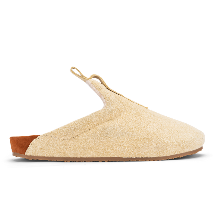 profile view beige suede upper, cork midsole wrapped in soft suede, Vibram sheet gum rubber outsole