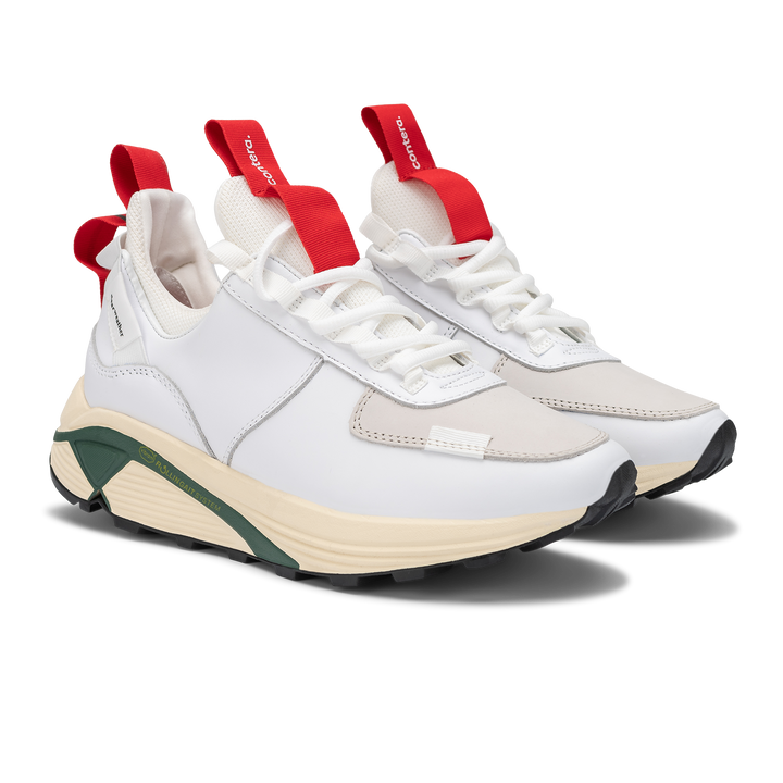 Top 3/4 view, Contera Cloud Forest is a runner with White fullgrain and Nubuck leather overlays White stretch mesh underlays, Red webbing heel and tongue pull, webbing lace system gream and green Virbam midsole and black vibram rubber outsole.