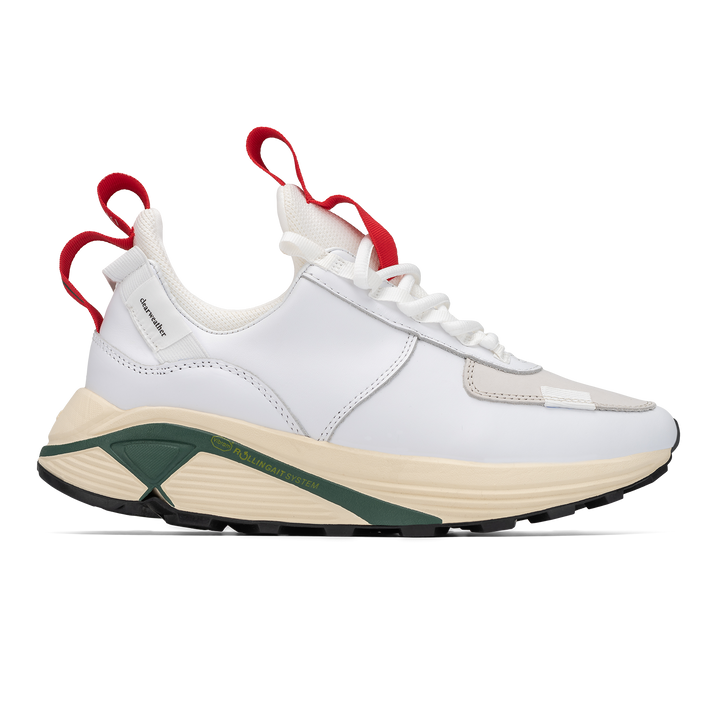 Side profile view,  Contera Cloud Forest  is a runner with White  fullgrain and Nubuck leather overlays White stretch mesh underlays, Red webbing heel and tongue pull, webbing lace system  gream and green Virbam midsole and black vibram rubber outsole.
