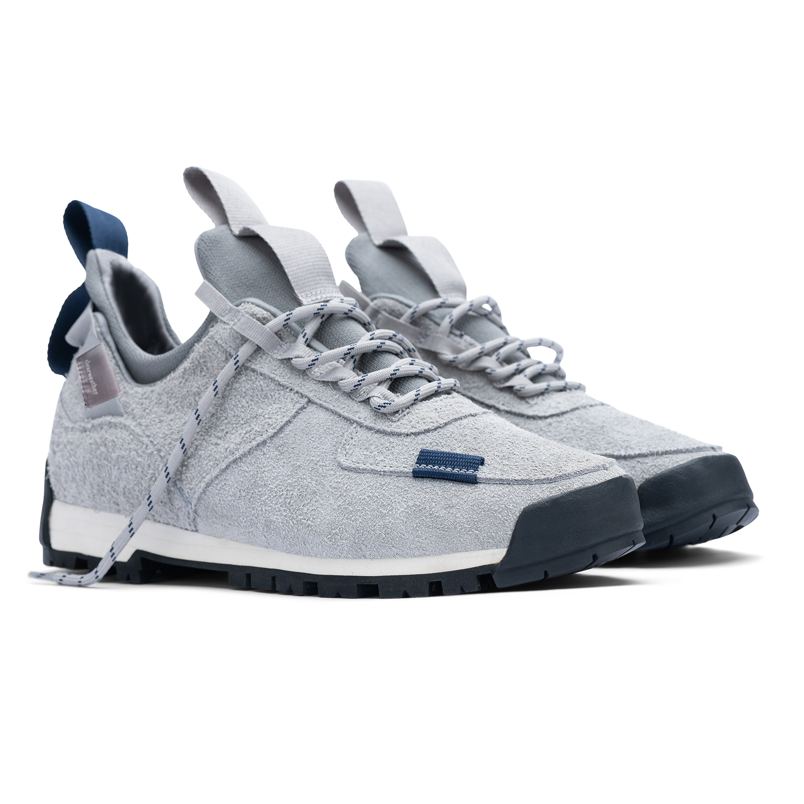 3/4 view  / Approach / Lunar color features Light Grey colored hairy suede upper, gross grain webbing for laces. helastic heel detail, stretch mesh internal bootie, vintrage vibram hiking outsole and eva midsole.