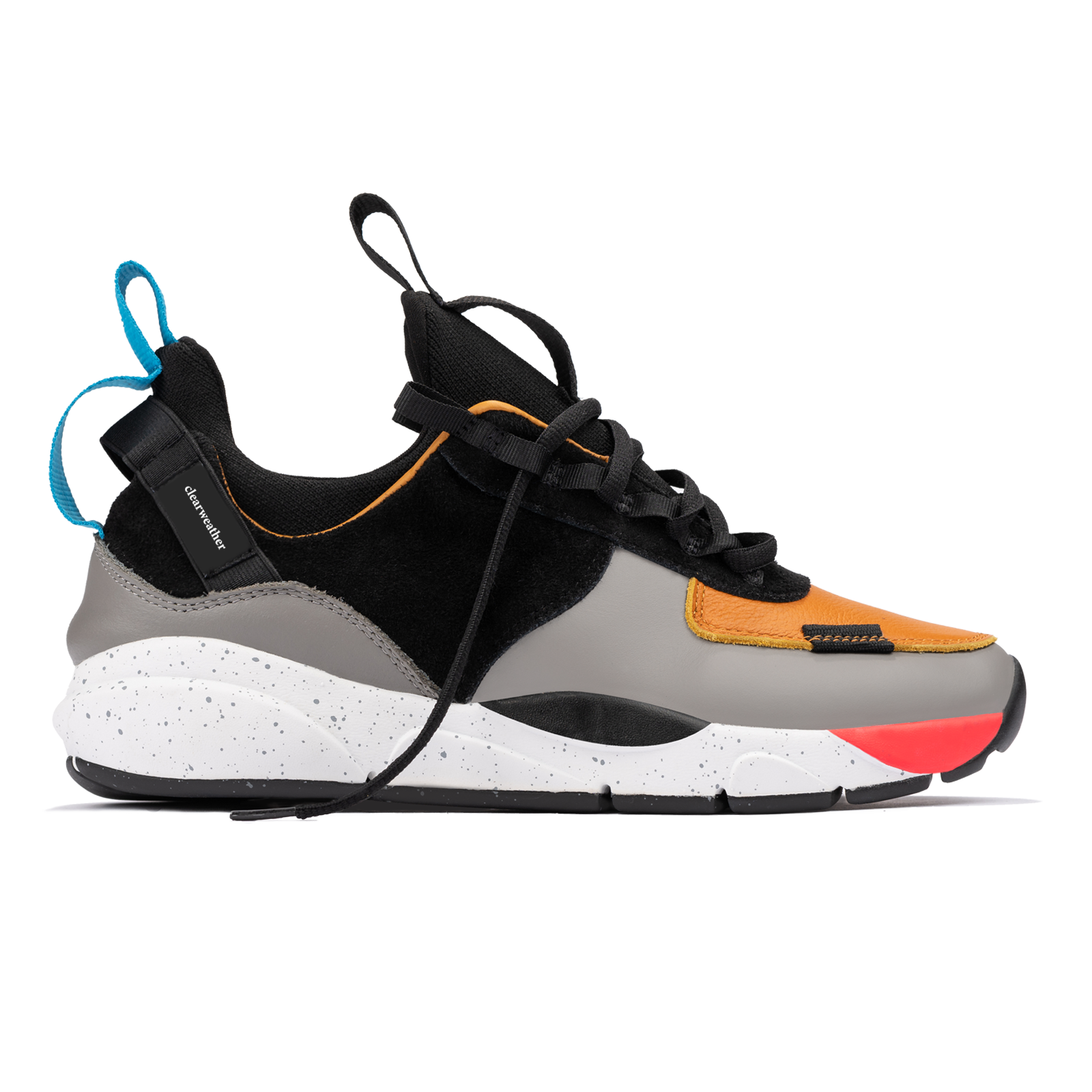 Profile shot, The Contera Kalahari is a Runner with grey leather black suede and tabaco orange leather, Blue webbing heel pull, Black webbin tongue pull, Black webbing lace system, painted eva midsole ande black rubber outsole. 