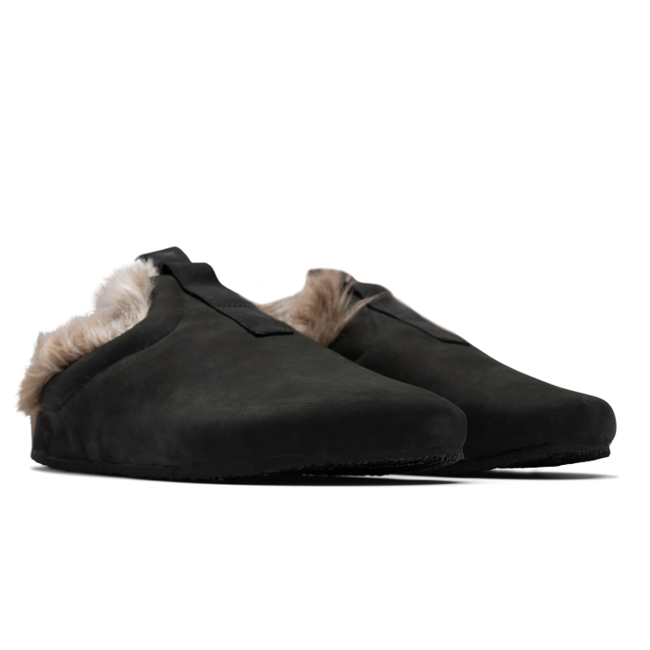 3/4 front view Bantha Artic Tunder is a Mule with faux fur lining. - Black smooth nubuck cork midsole and vibram sheet rubber bottom. 