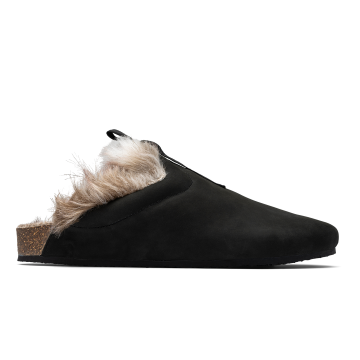 Side view / Bantha Artic Tunder is a Mule with faux fur lining.  - Black smooth nubuck cork midsole and vibram sheet rubber bottom. 