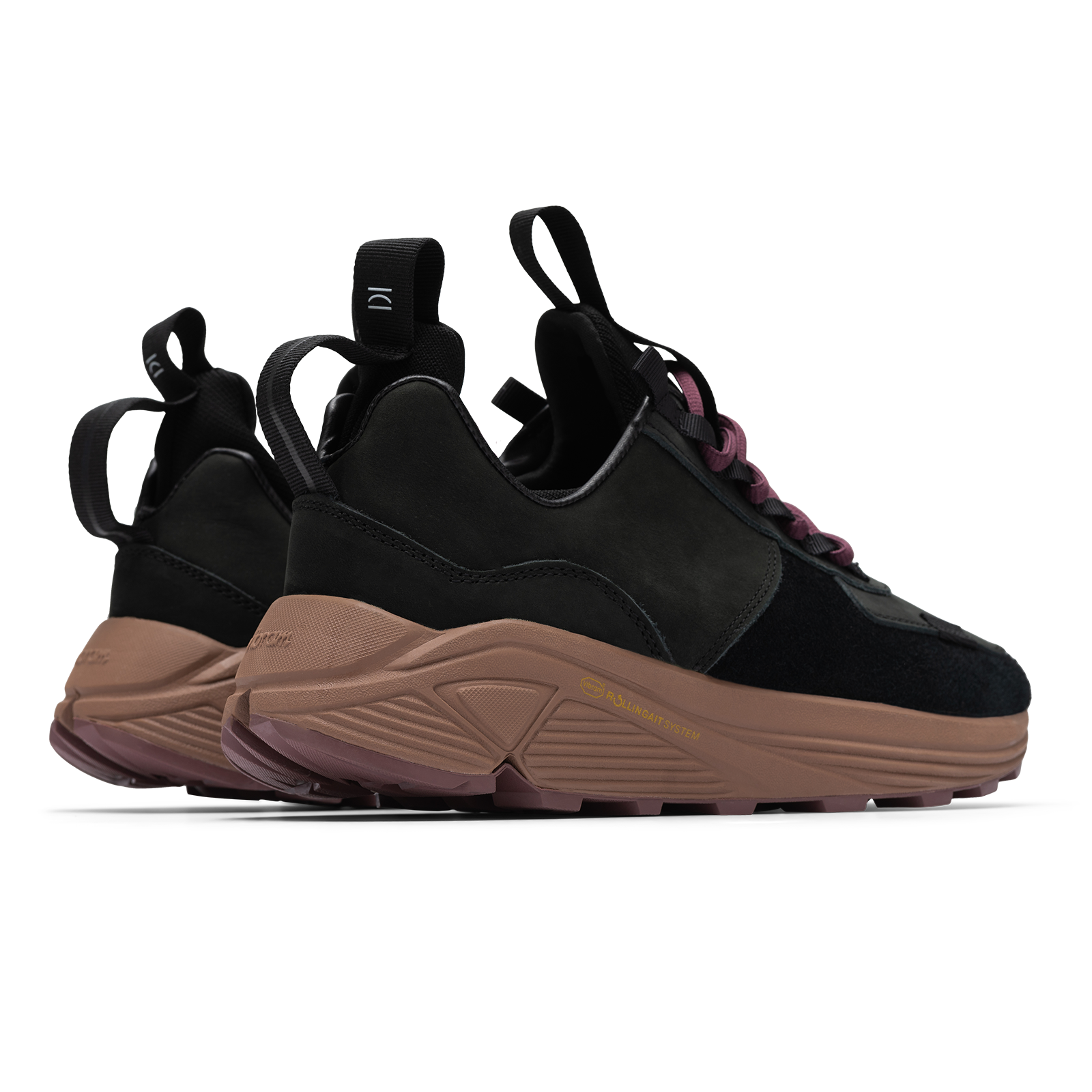 Back 3/4 view, Contera Iron Oxide is a runner with Black suede and numbuck upper, stretch mesh internal bootie, webbing heel and tongue pulls, webbing lace holder, brown vibram midsole burgundy vibram rubber bottom.