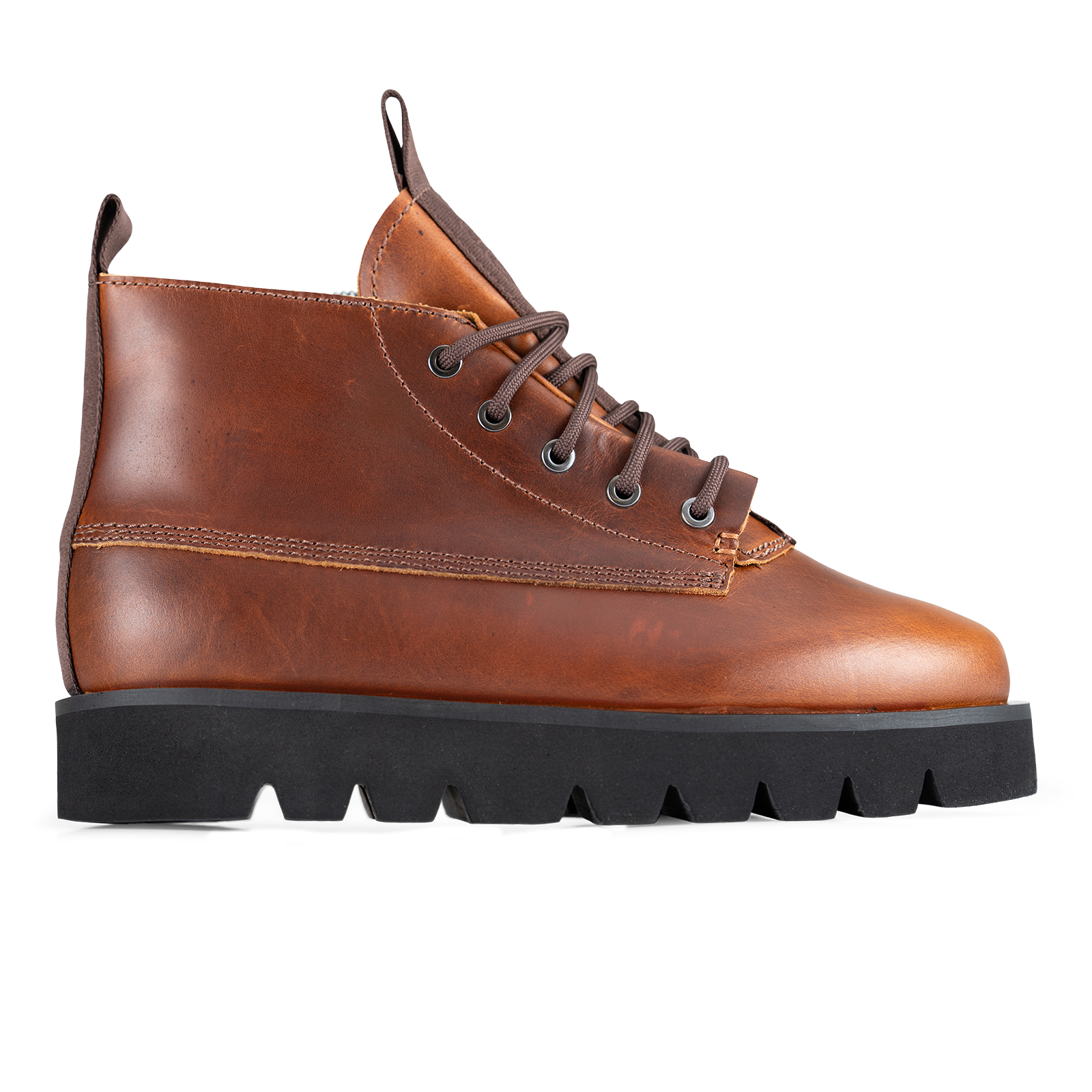 A brown leather lace-up ankle boot with a chunky black lug sole, shown in a side profile on a white background.