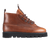 A brown leather lace-up ankle boot with a chunky black lug sole, shown in a side profile on a white background.