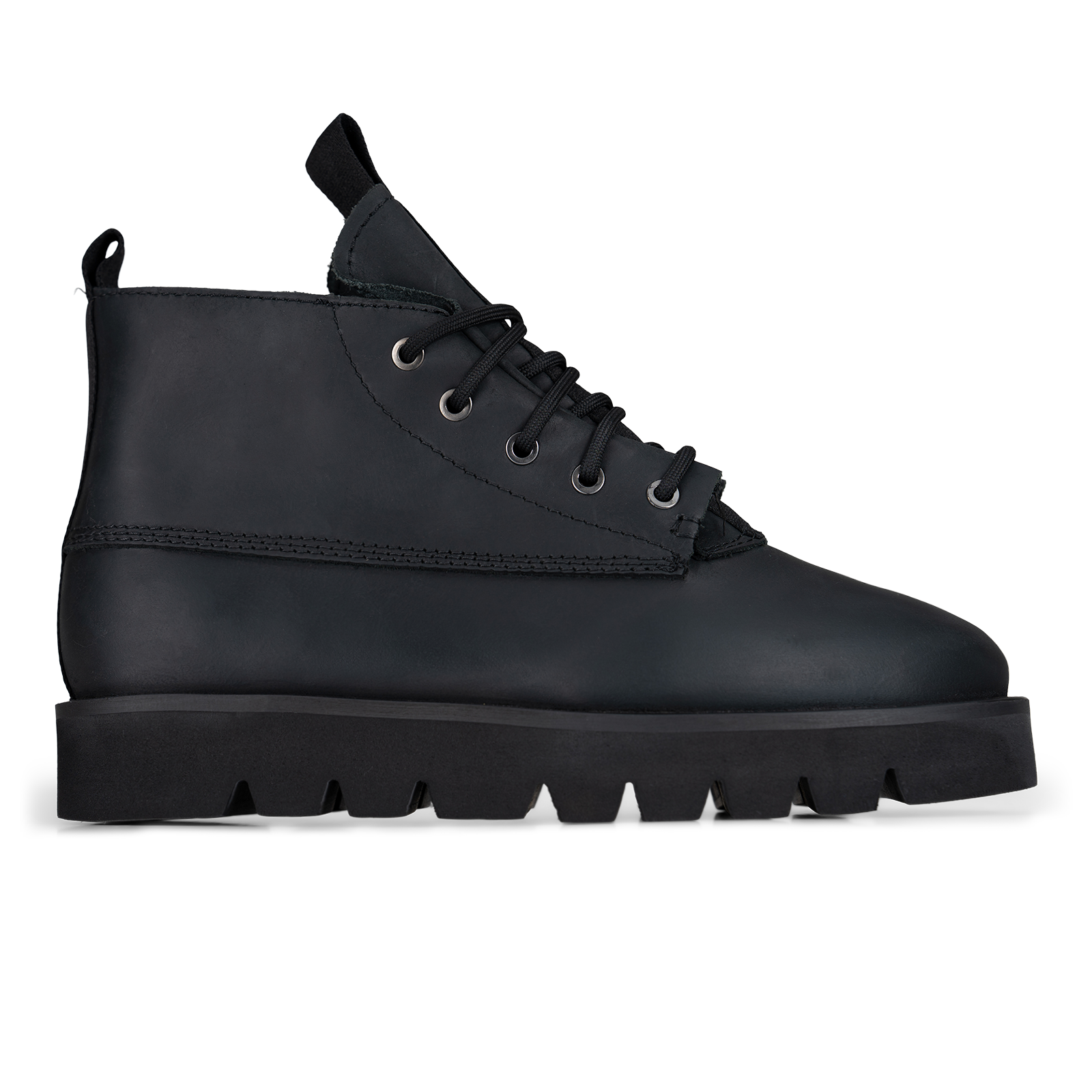 A black leather lace-up ankle boot with a chunky lug sole, shown in a side profile on a white background.