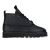 A black leather lace-up ankle boot with a chunky lug sole, shown in a side profile on a white background.