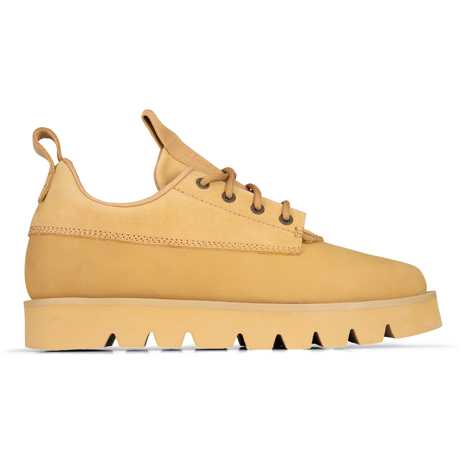 A single tan suede lace-up shoe with a chunky lug sole, shown in a side profile view against a solid white background.