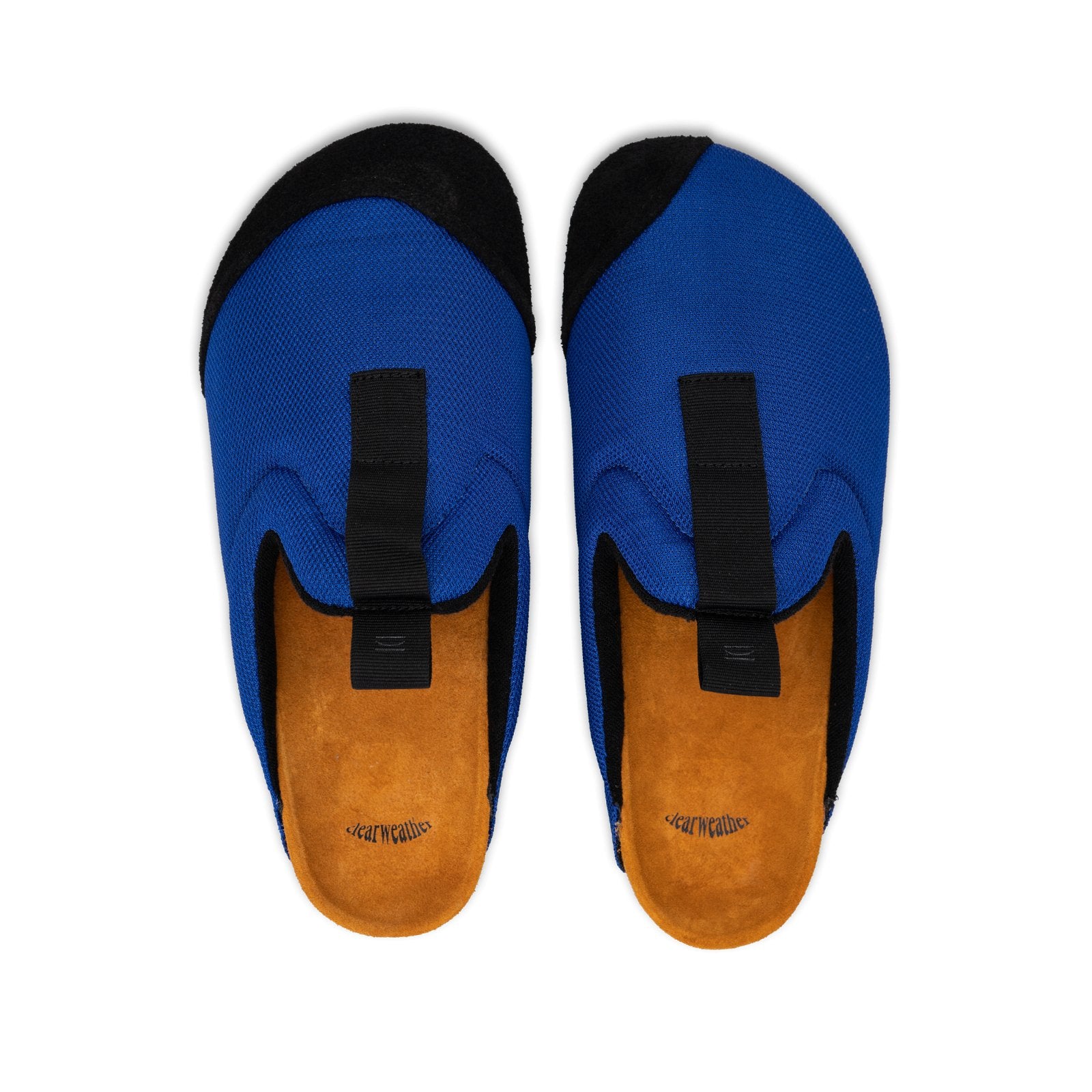 top view Bantha 2.0 Royal is a Mule made of Royal Blue mesh with a Black hairy suede to overlay, cork midsole with suede top lining Black VIbram rubber bottom and woven top pull