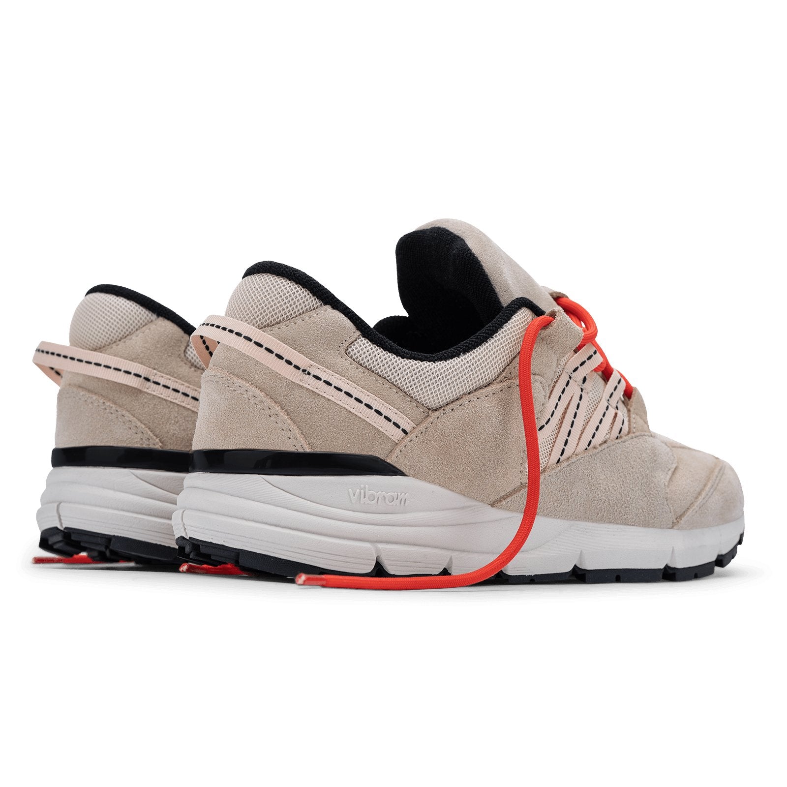 Altiutude / Safari back 3/4 view khaki suede / air mesh / webbing lace holder with orange lace on a vibram sole