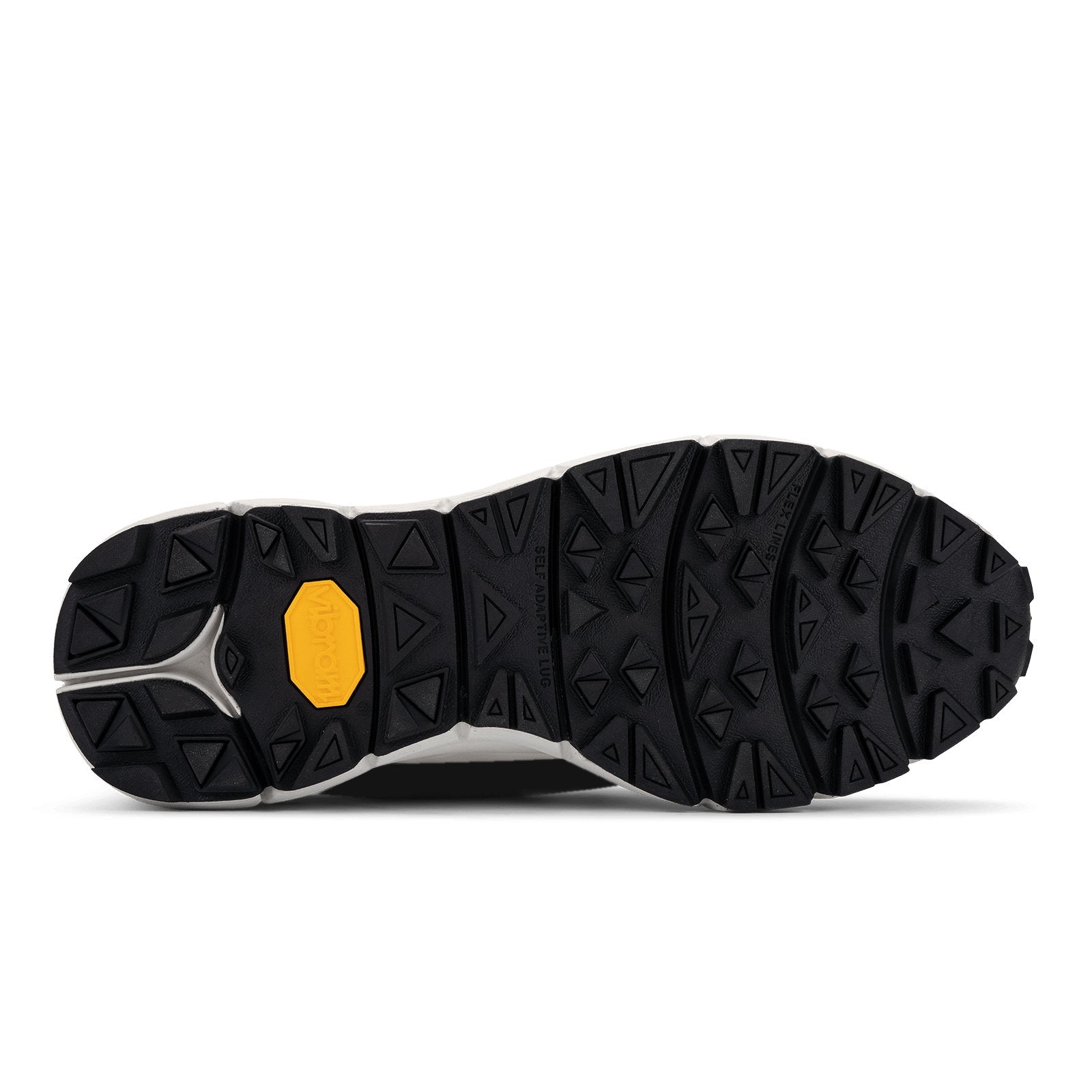 vibram self adaptive rubber lug technology. Black outsole white midsole yellow vibram crest logo