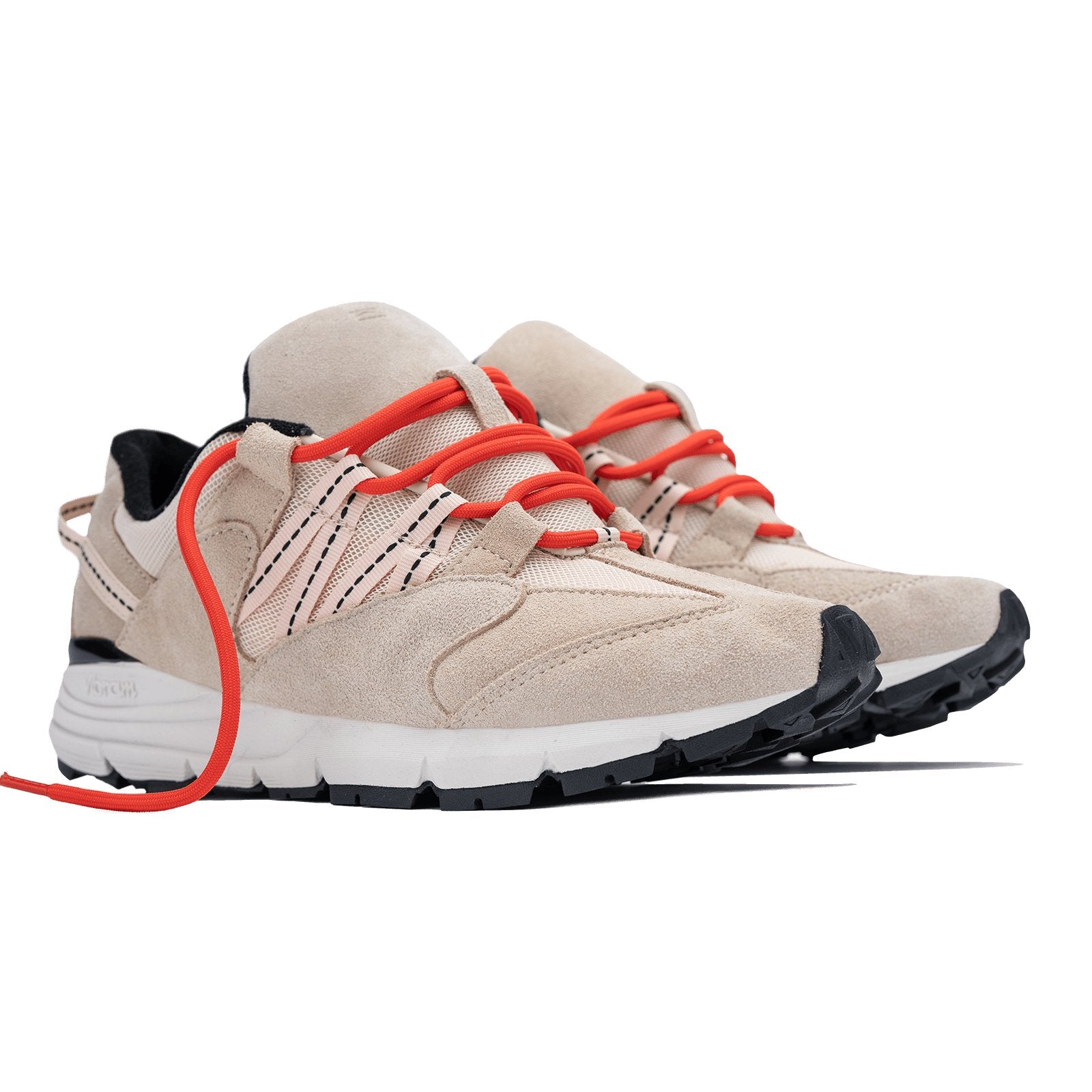 Altiutude / Safari front 3/4 view khaki suede / air mesh / webbing lace holder with orange lace on a vibram sole