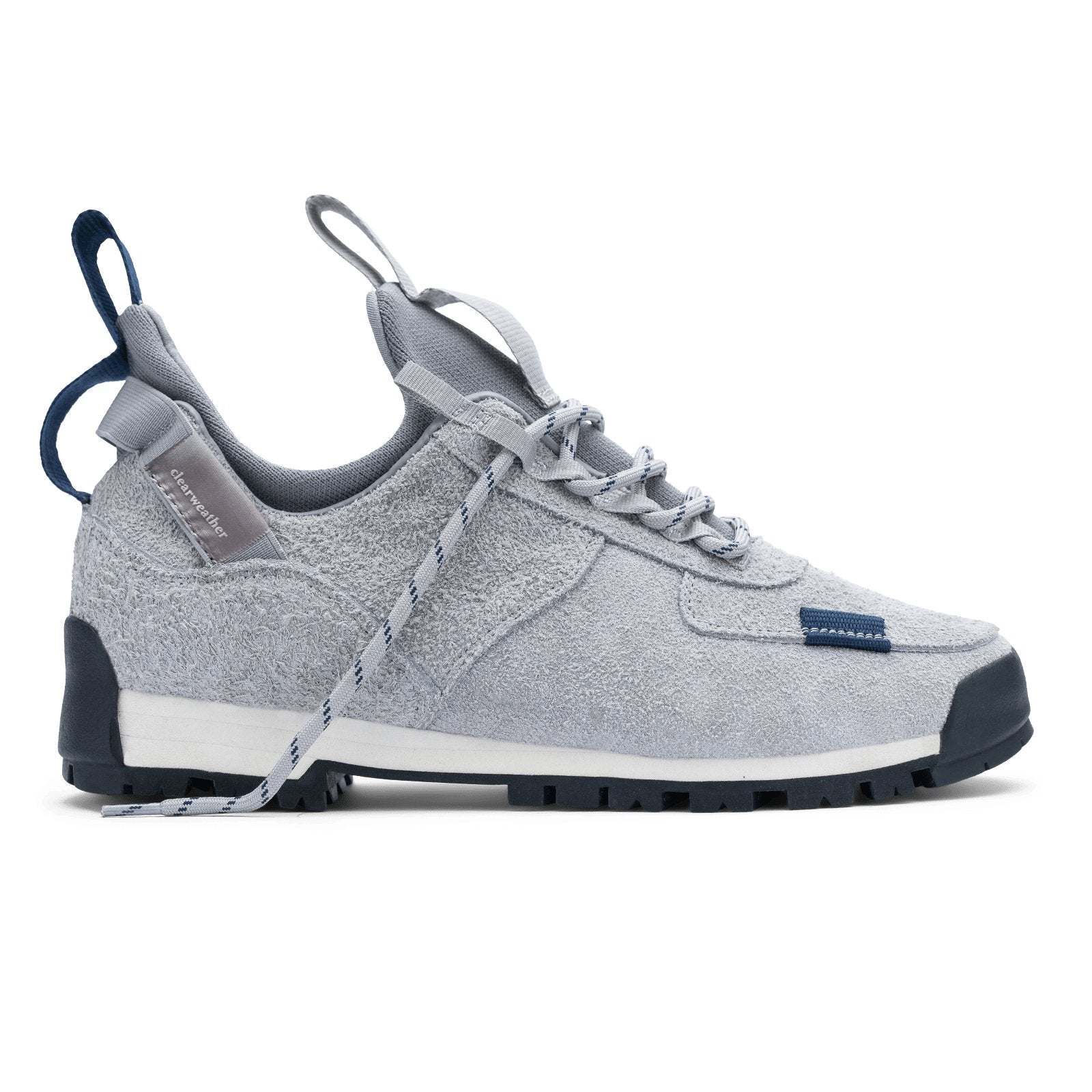 profile shot  / Approach / Lunar color features Light Grey colored hairy suede upper, gross grain webbing for laces. helastic heel detail, stretch mesh internal bootie, vintrage vibram hiking outsole and eva midsole. 