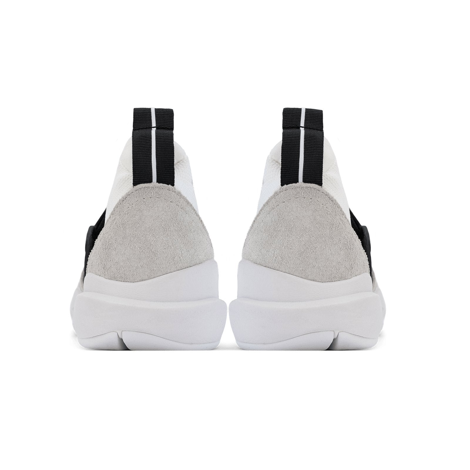 Back view, Cloudstryk Fairbanks is a runner with White suede overlays white stretch mesh underlays, Black heel pull molded lace holder, white eva midsol and white rubber outsole.