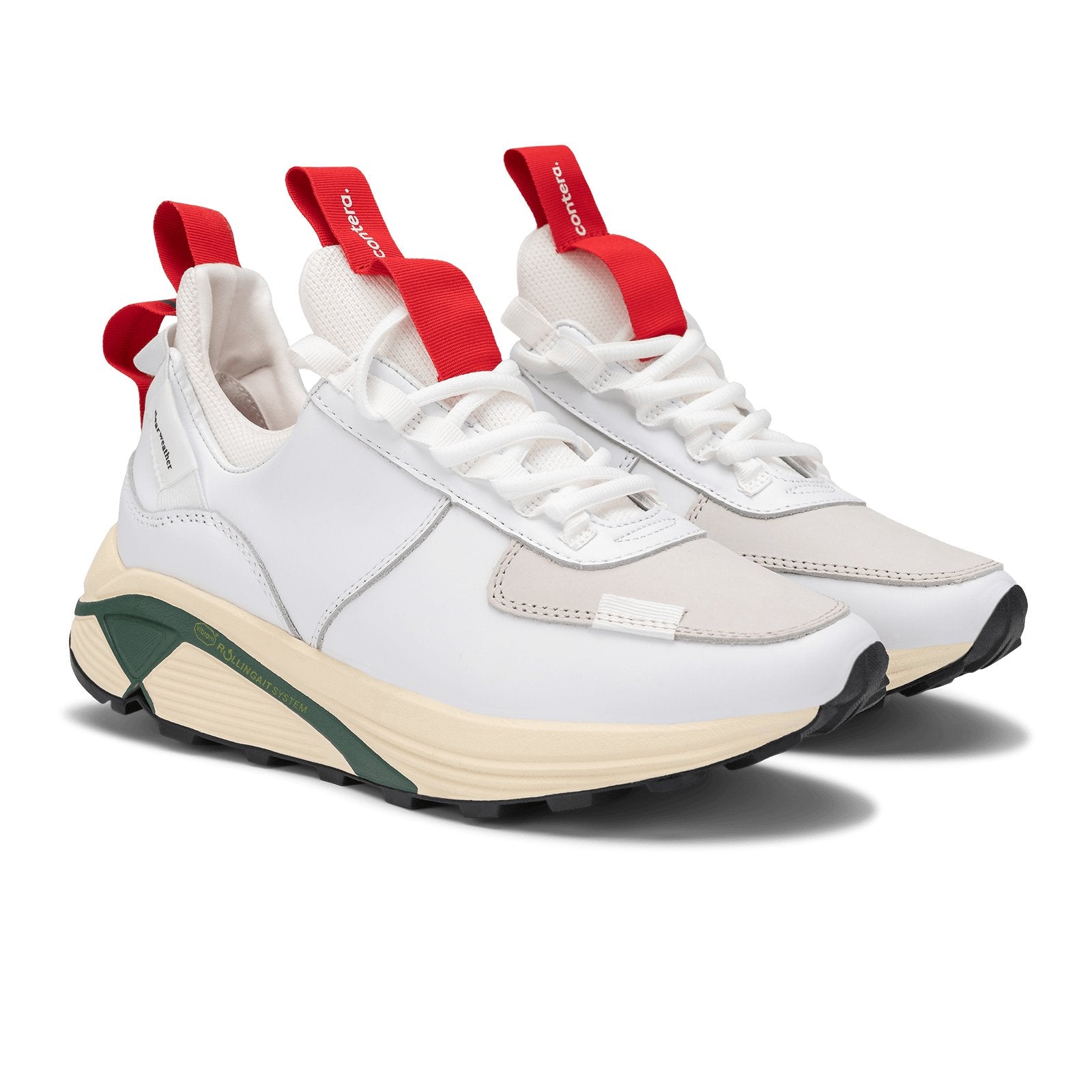 Top 3/4 view, Contera Cloud Forest is a runner with White fullgrain and Nubuck leather overlays White stretch mesh underlays, Red webbing heel and tongue pull, webbing lace system gream and green Virbam midsole and black vibram rubber outsole.