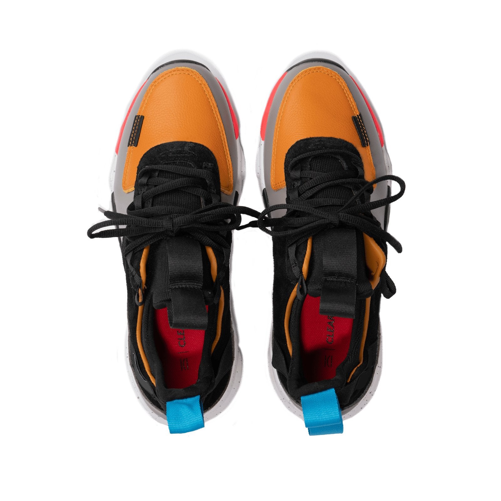 Top view, The Contera Kalahari is a Runner with grey leather black suede and tabaco orange leather, Blue webbing heel pull, Black webbin tongue pull, Black webbing lace system, painted eva midsole ande black rubber outsole.