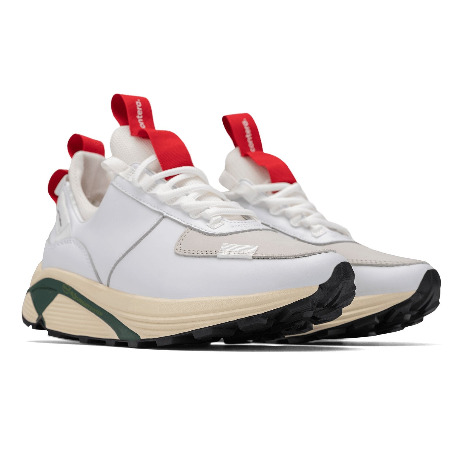 3/4 front view, Contera Cloud Forest is a runner with White fullgrain and Nubuck leather overlays White stretch mesh underlays, Red webbing heel and tongue pull, webbing lace system gream and green Virbam midsole and black vibram rubber outsole.