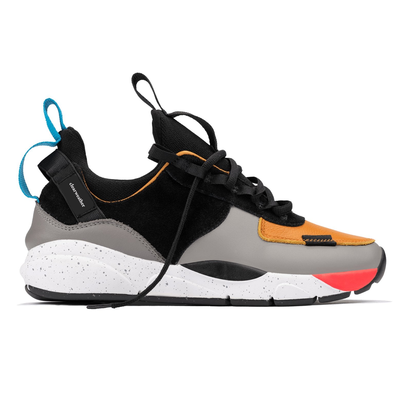 Profile shot, The Contera Kalahari is a Runner with grey leather black suede and tabaco orange leather, Blue webbing heel pull, Black webbin tongue pull, Black webbing lace system, painted eva midsole ande black rubber outsole. 