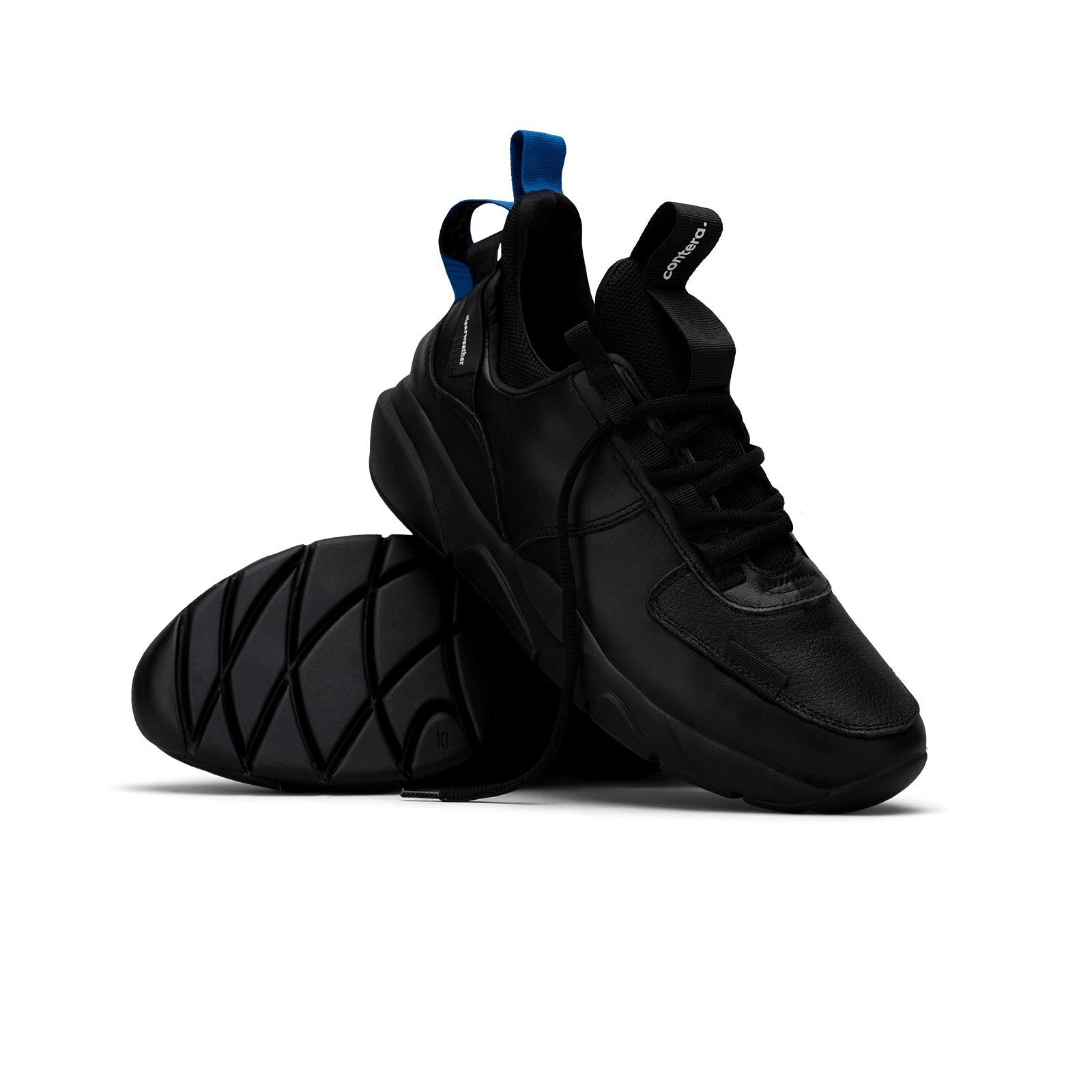 Style shot, Contera Black is a runner with Tumbled Black fullgrain leather overlays Black stretch mesh underlays, Royal Blue heel pull molded lace holder, Black eva midsole and Black rubber outsole.