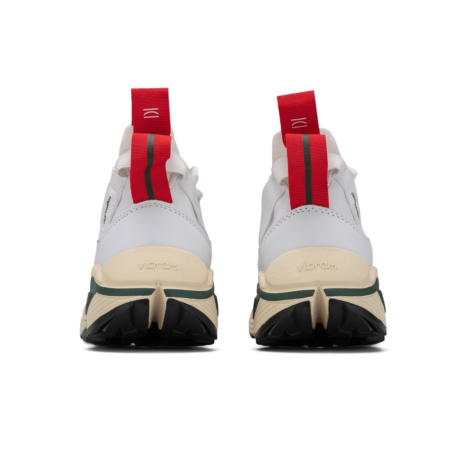 Back view, Contera Cloud Forest is a runner with White fullgrain and Nubuck leather overlays White stretch mesh underlays, Red webbing heel and tongue pull, webbing lace system gream and green Virbam midsole and black vibram rubber outsole.