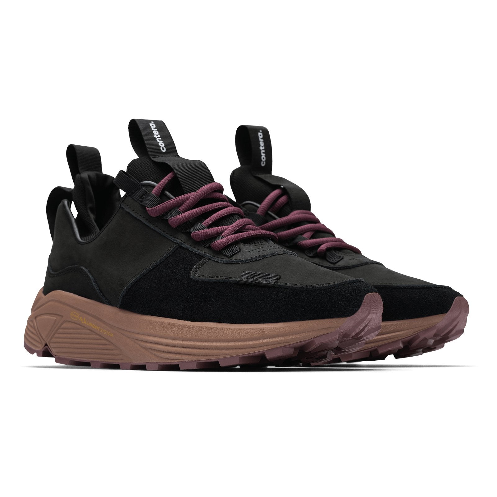 Front 3/4 view, Contera Iron Oxide is a runner with Black suede and numbuck upper, stretch mesh internal bootie, webbing heel and tongue pulls, webbing lace holder, brown vibram midsole burgundy vibram rubber bottom.