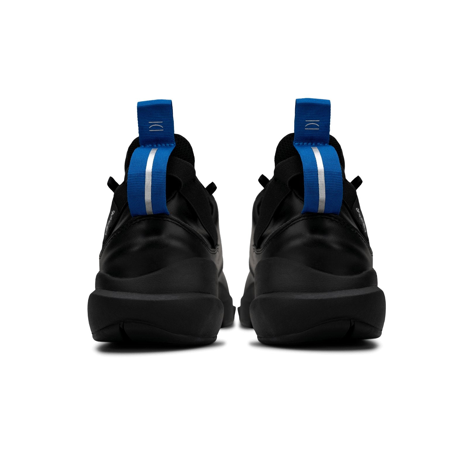 Back view,   Contera Black is a runner with Tumbled Black fullgrain leather overlays Black stretch mesh underlays, Royal Blue heel pull molded lace holder, Black eva midsole and Black rubber outsole.