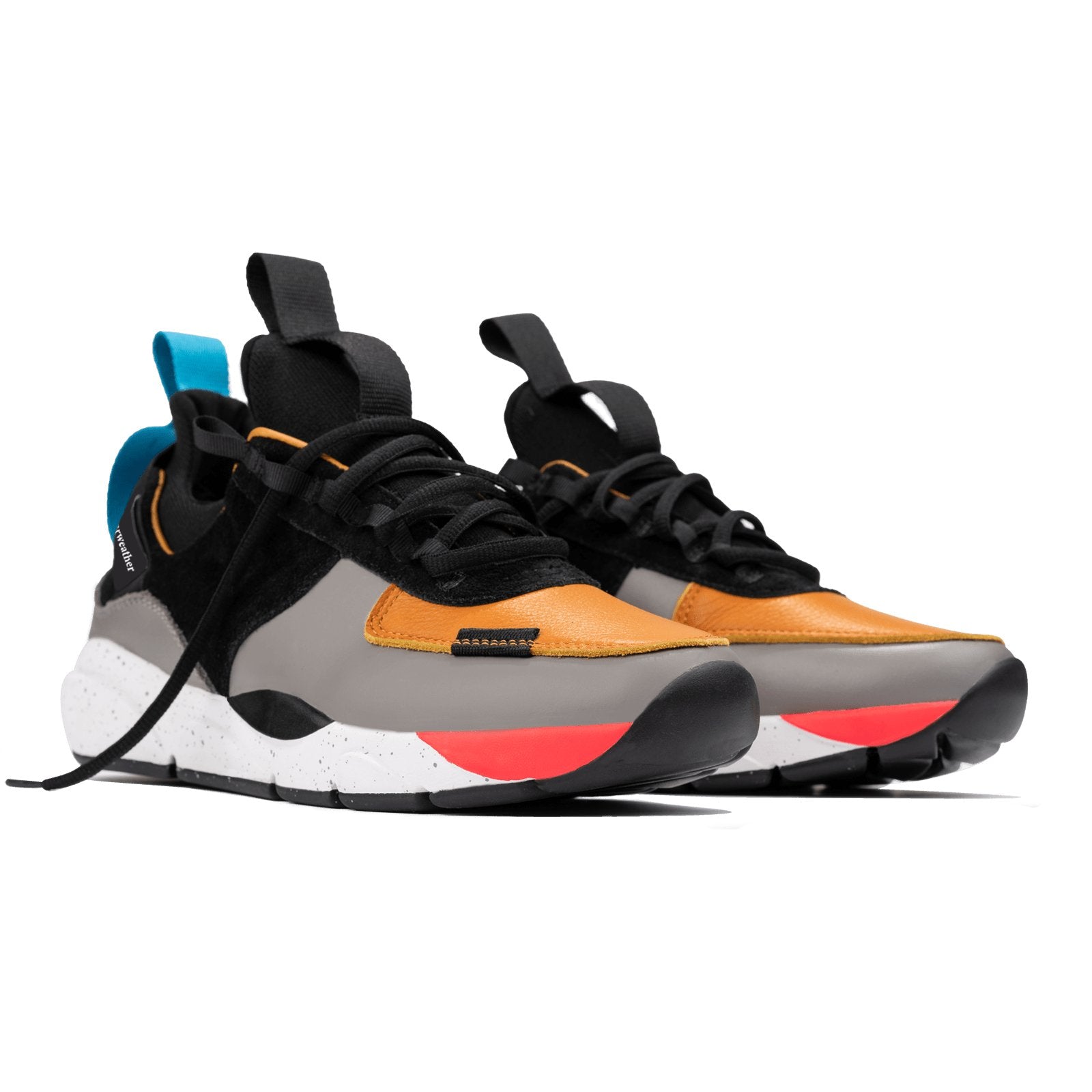 Front 3/4 view, The Contera Kalahari is a Runner with grey leather black suede and tabaco orange leather, Blue webbing heel pull, Black webbin tongue pull, Black webbing lace system, painted eva midsole ande black rubber outsole.