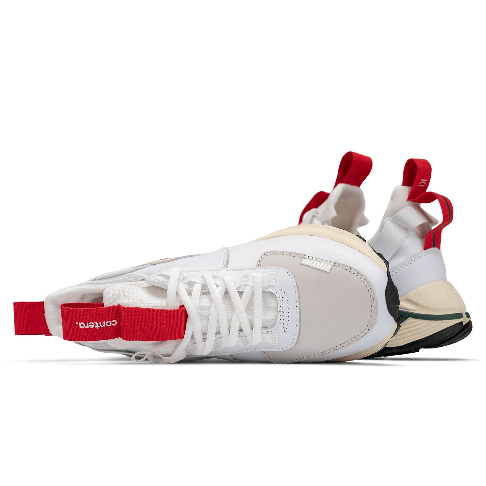 Top and back vew, Contera Cloud Forest is a runner with White fullgrain and Nubuck leather overlays White stretch mesh underlays, Red webbing heel and tongue pull, webbing lace system gream and green Virbam midsole and black vibram rubber outsole.