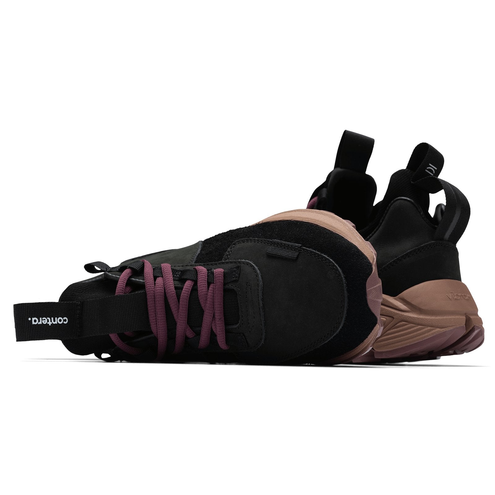 Top and back view, Contera Iron Oxide is a runner with Black suede and numbuck upper, stretch mesh internal bootie, webbing heel and tongue pulls, webbing lace holder, brown vibram midsole burgundy vibram rubber bottom.