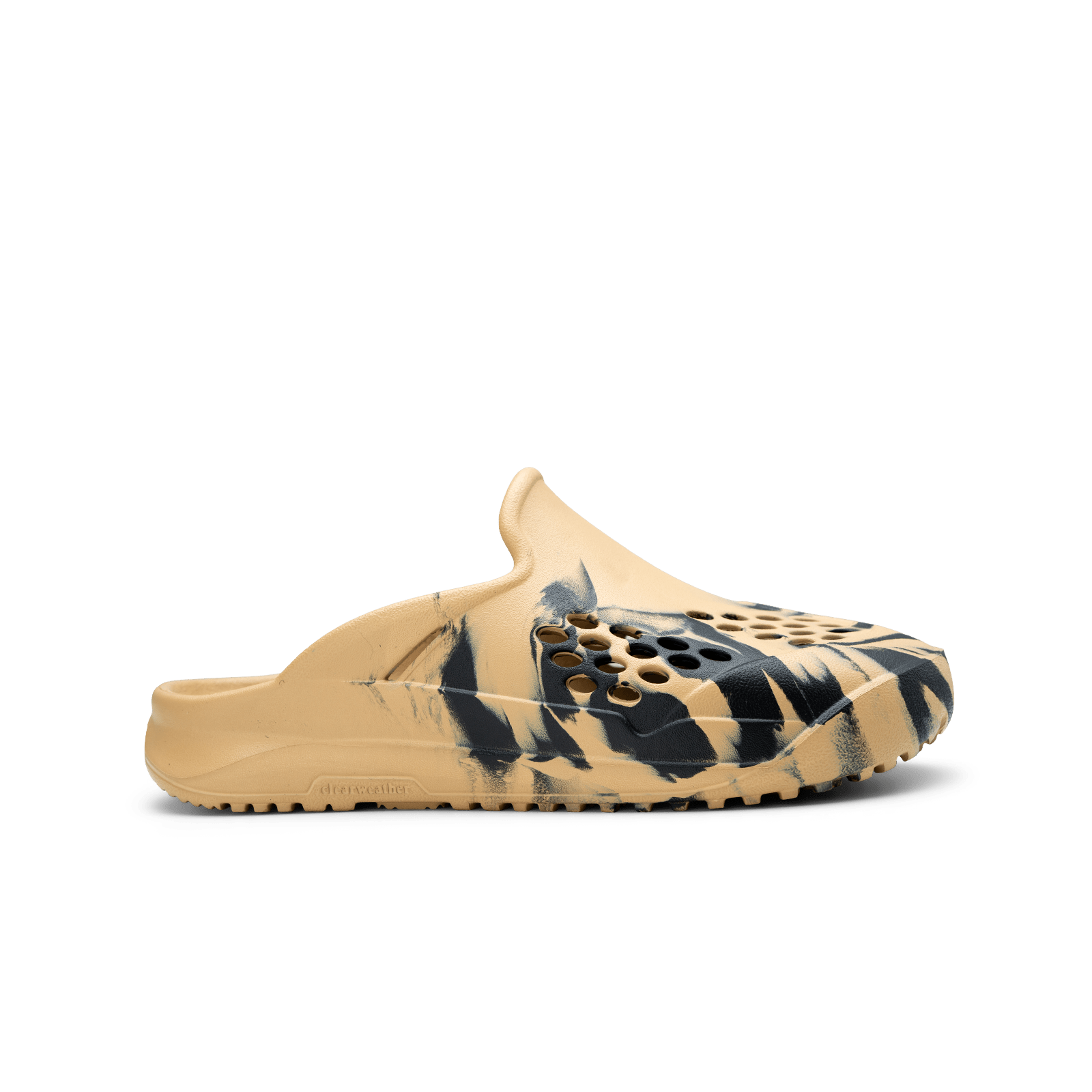 Beige sandal with black and white abstract pattern on a white background