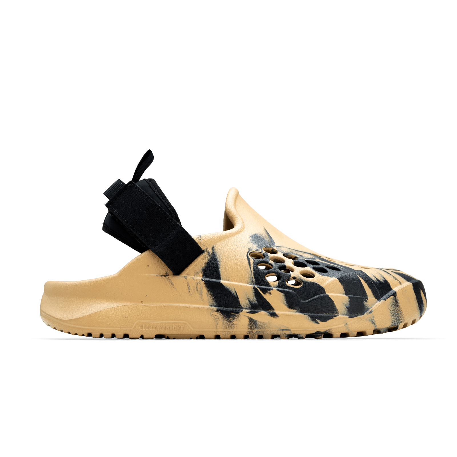 Tan and black patterned sandal with a strap on a white background