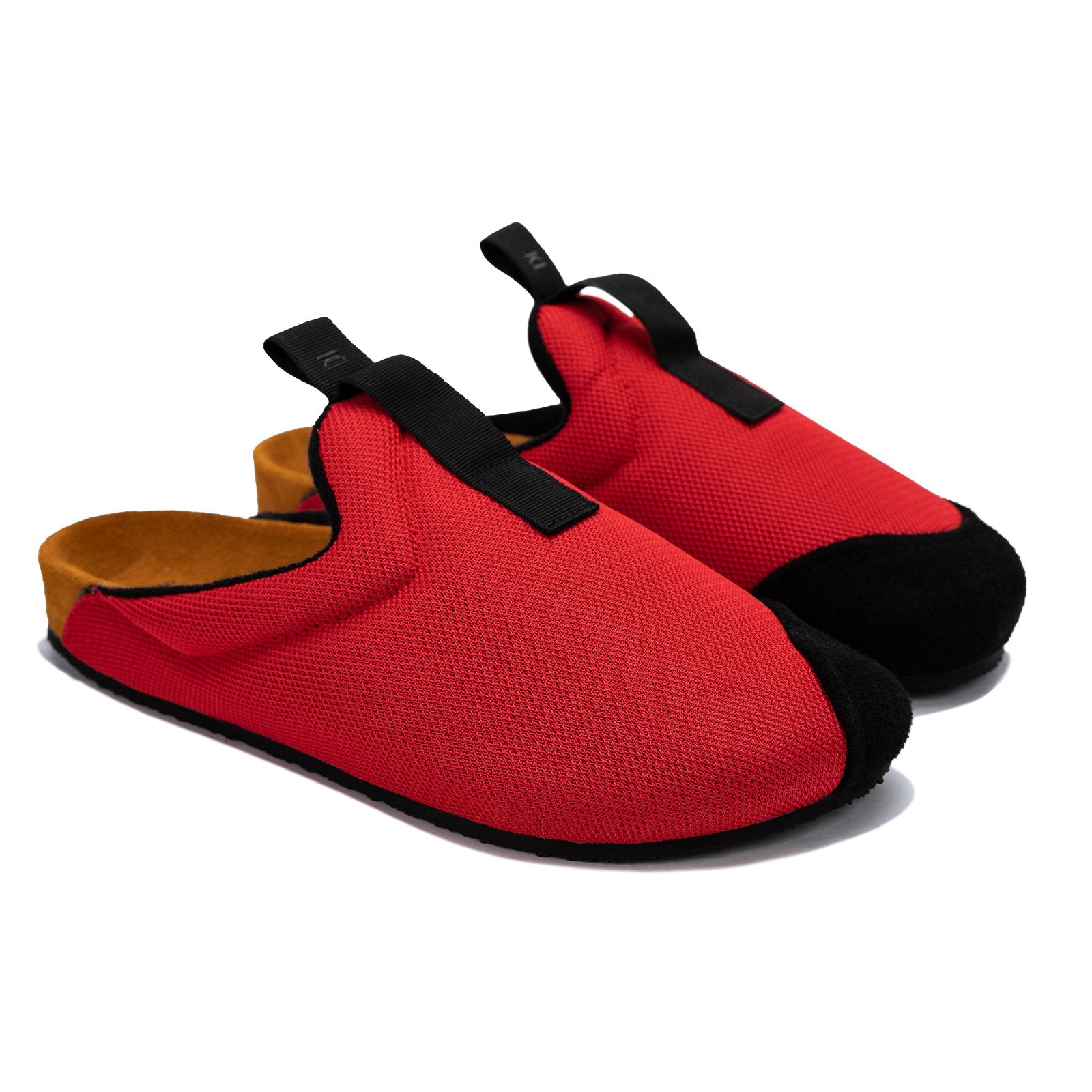 3/4 view antha 2.0 Red is a Mule made of red mesh with a Black hairy suede to overlay, cork midsole with suede top lining Black VIbram rubber bottom and woven top pull