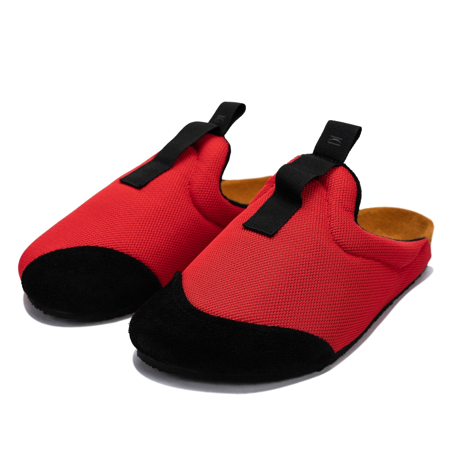 other 3/4 view antha 2.0 Red is a Mule made of red mesh with a Black hairy suede to overlay, cork midsole with suede top lining Black VIbram rubber bottom and woven top pull