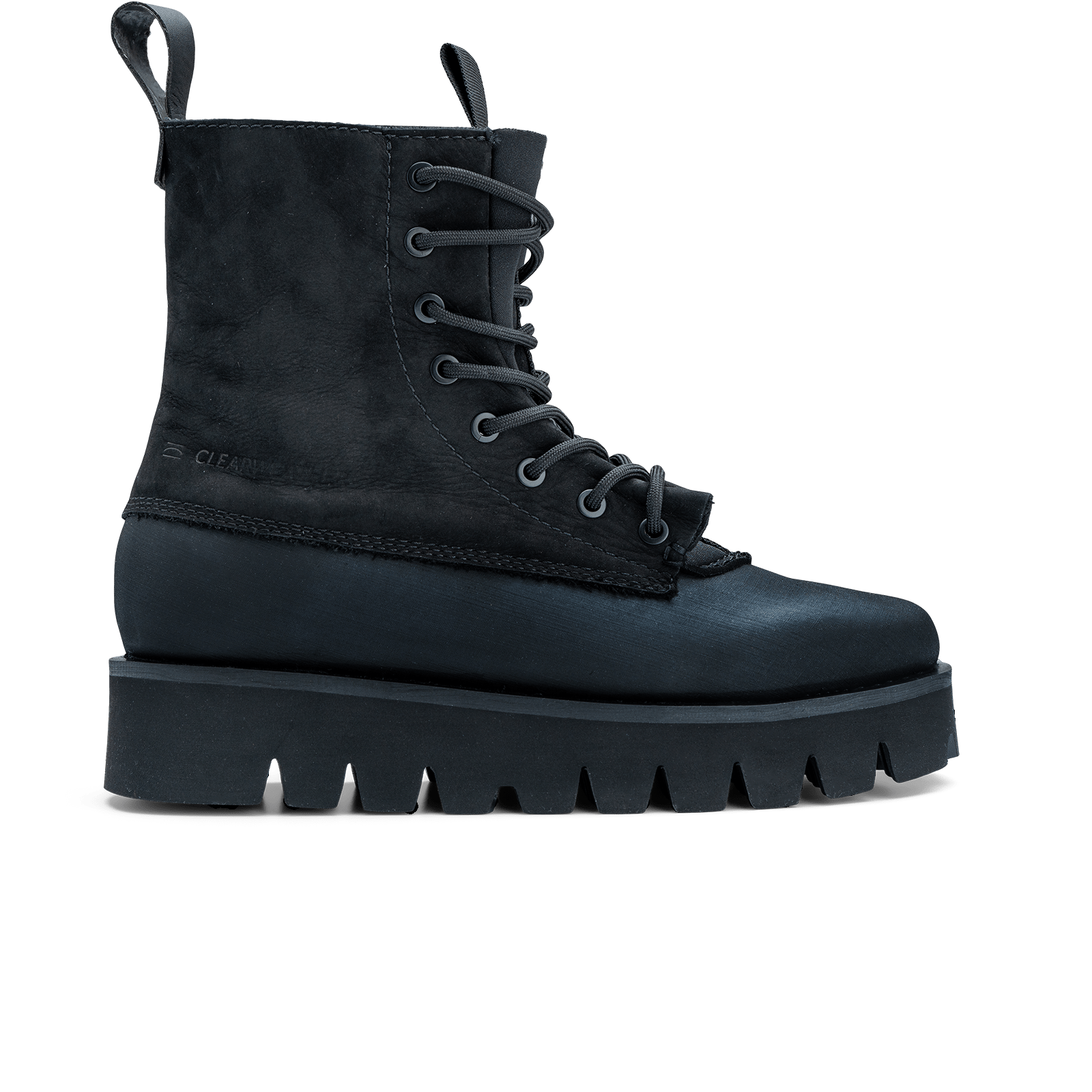 Black boot with thick sole on a white background