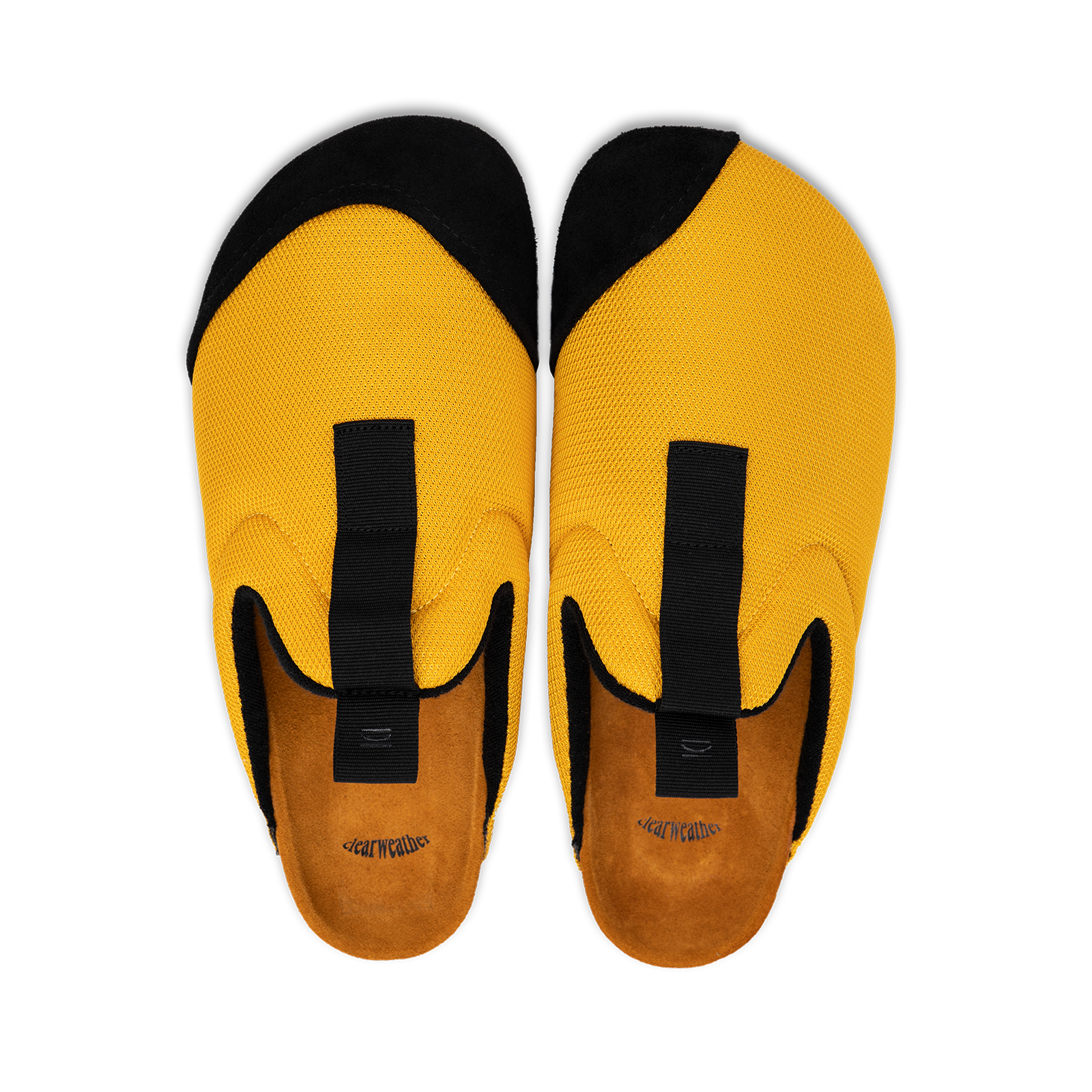 Top view Bantha 2.0 Yellow is a Mule made of Yellow mesh with a Black hairy suede to overlay, cork midsole with suede top lining Black VIbram rubber bottom and woven top pull
